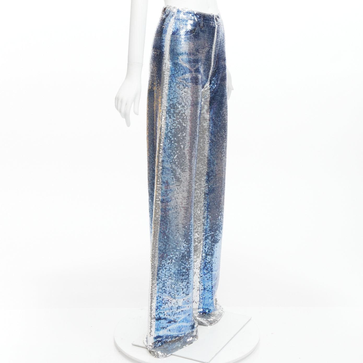 Silver PONY STONE THAILAND silver tromp loeil jeans print sequins wide leg pants US2 S For Sale