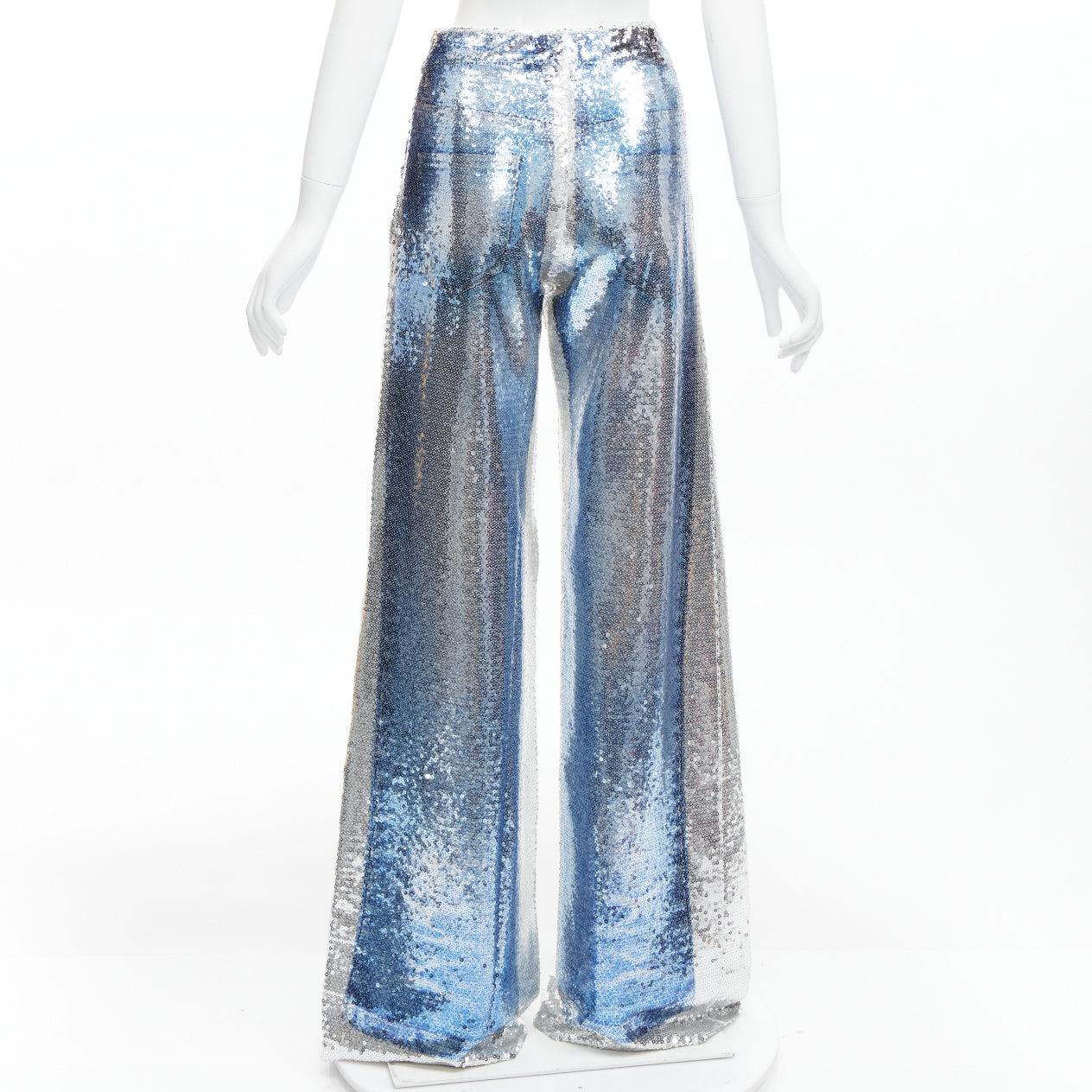 Women's PONY STONE THAILAND silver tromp loeil jeans print sequins wide leg pants US2 S For Sale