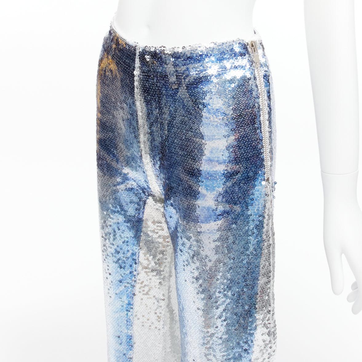 PONY STONE THAILAND silver tromp loeil jeans print sequins wide leg pants US2 S For Sale 2