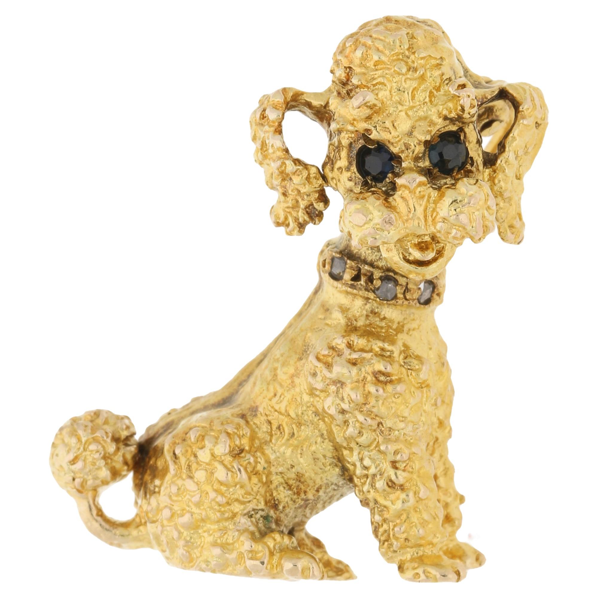 Retro Vintage Sapphire and Rose Cut Diamond French Poodle Brooch Set in 9k Yellow Gold