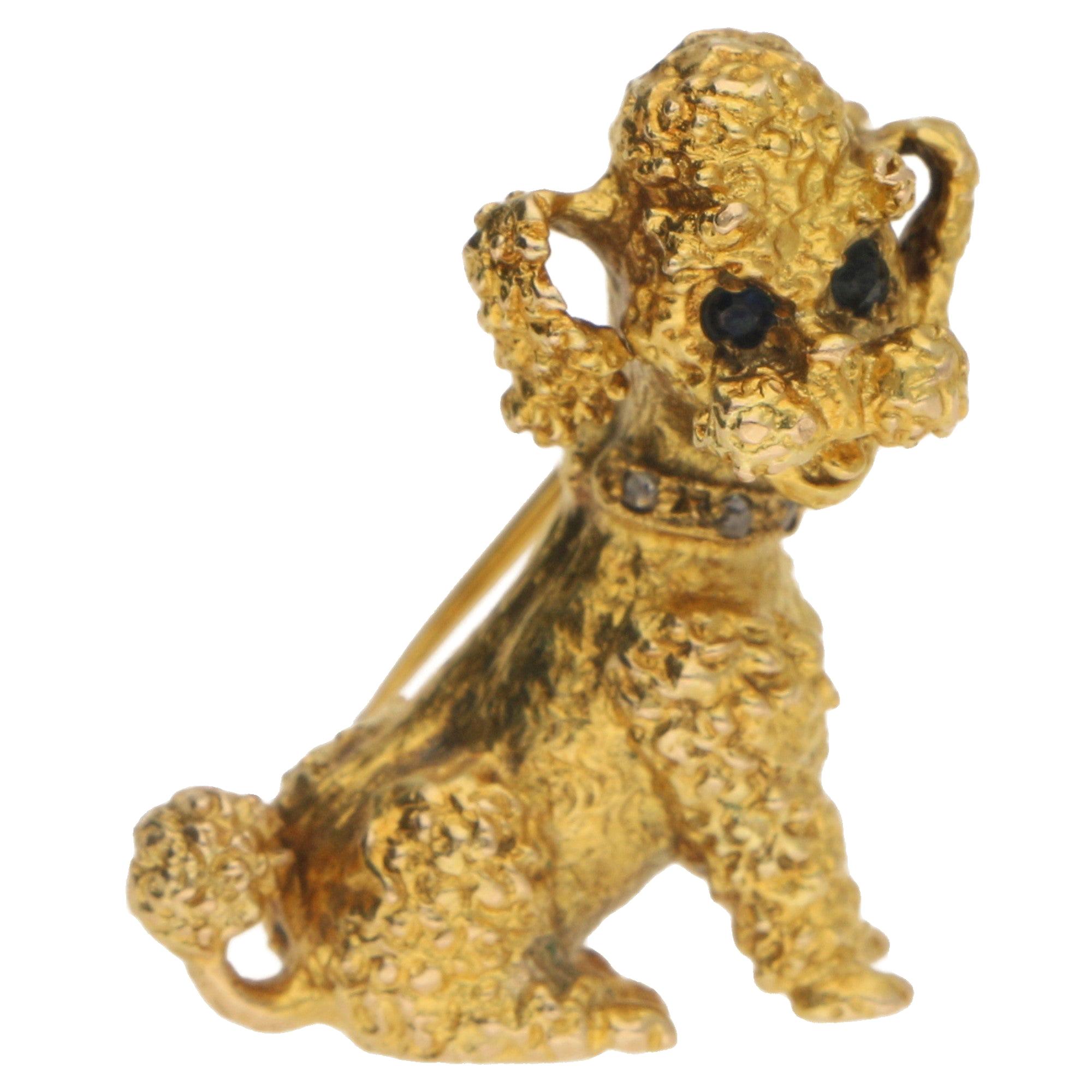 Vintage Sapphire and Rose Cut Diamond French Poodle Brooch Set in 9k Yellow Gold