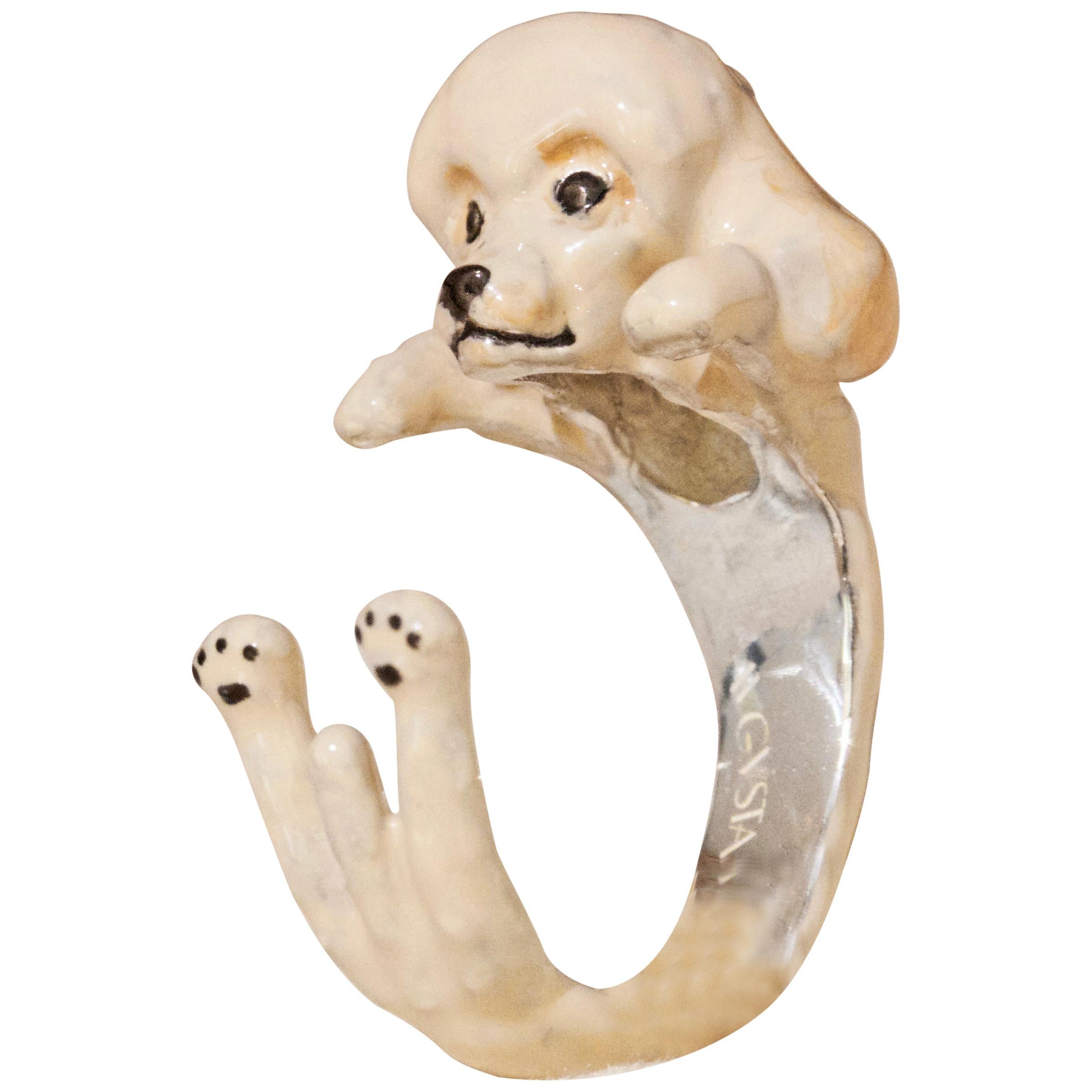 Bague personnalisable chien caniche en argent sterling 925 et émail blanc crème en vente