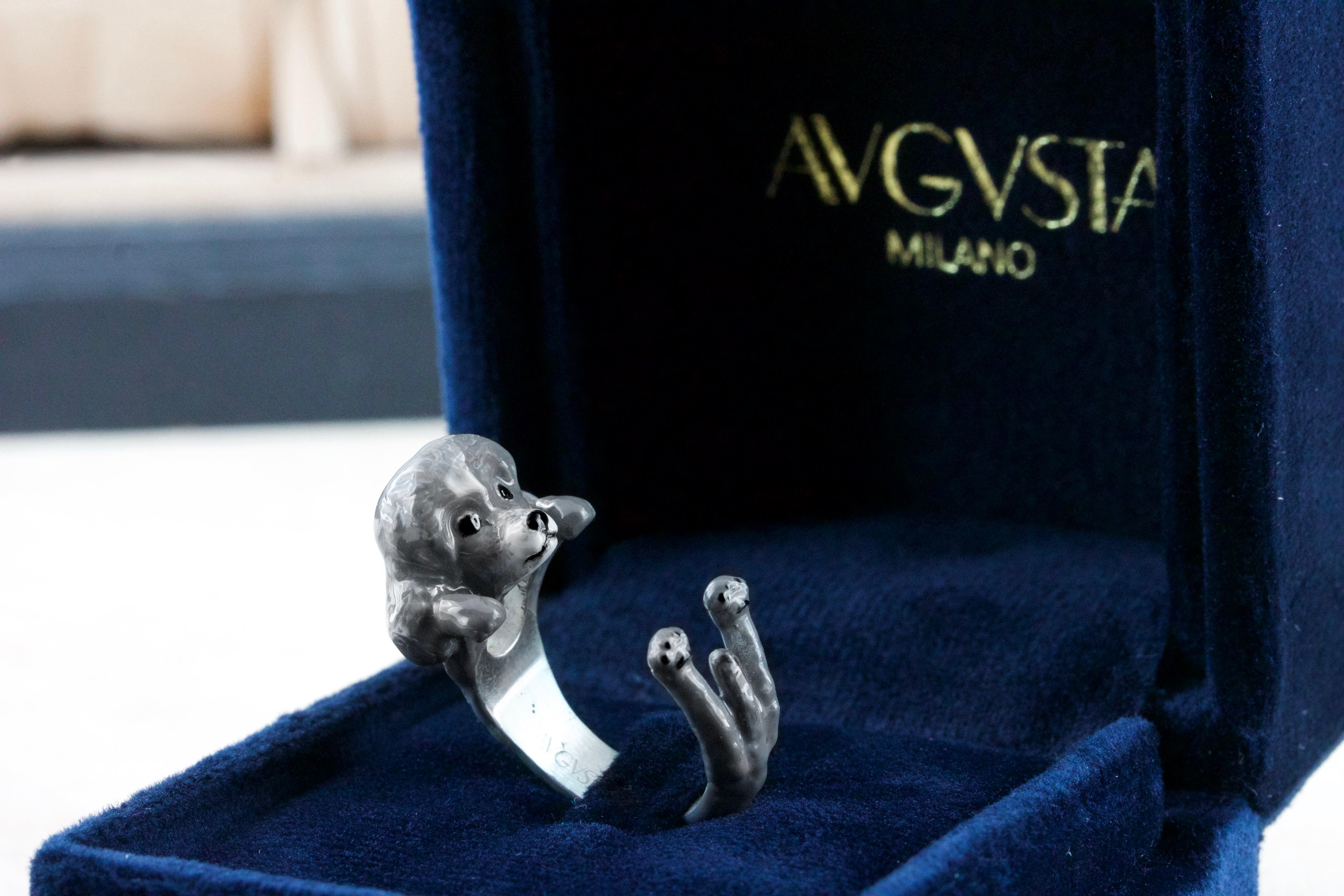 En vente :  Bague personnalisable chien caniche en argent sterling 925 et émail gris 3