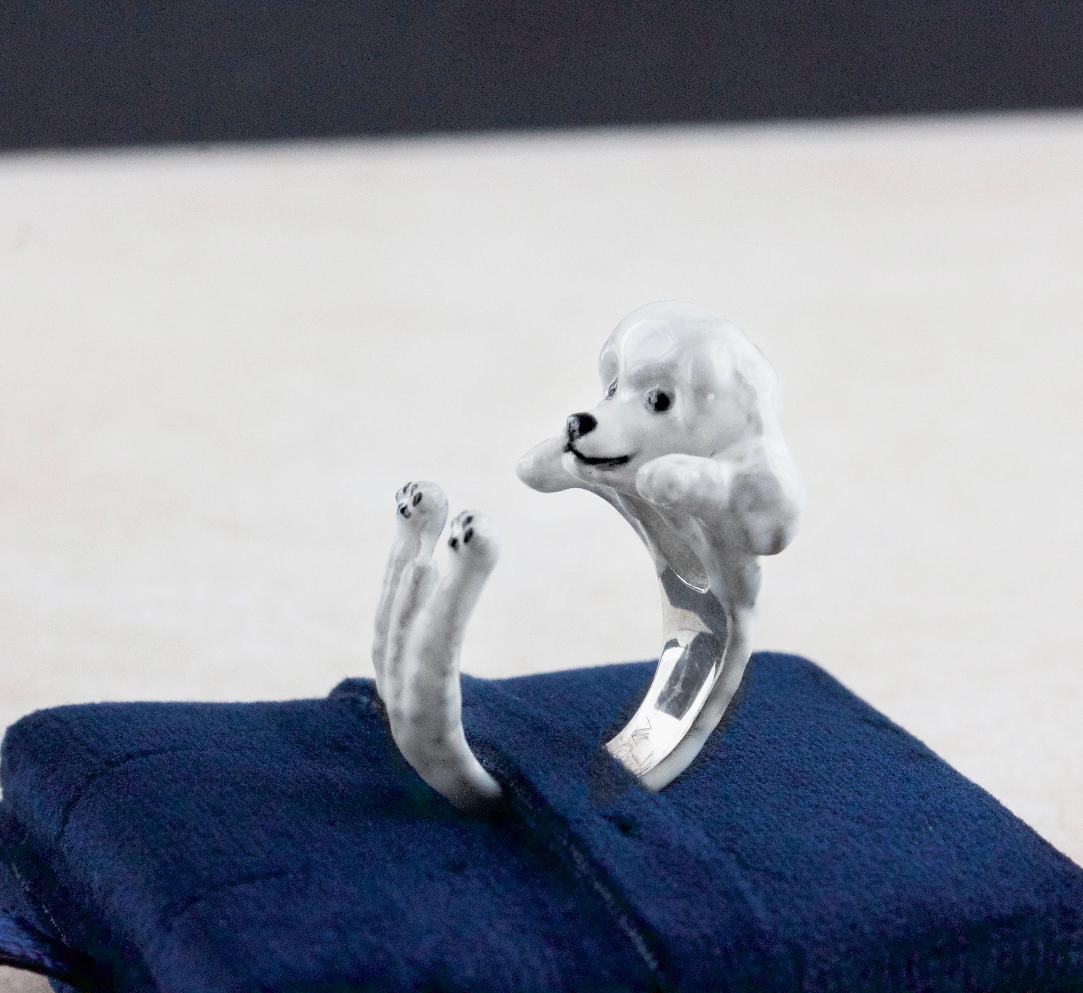 For Sale:  Poodle Dog Sterling Silver 925 White Enamel Customizable Ring 2