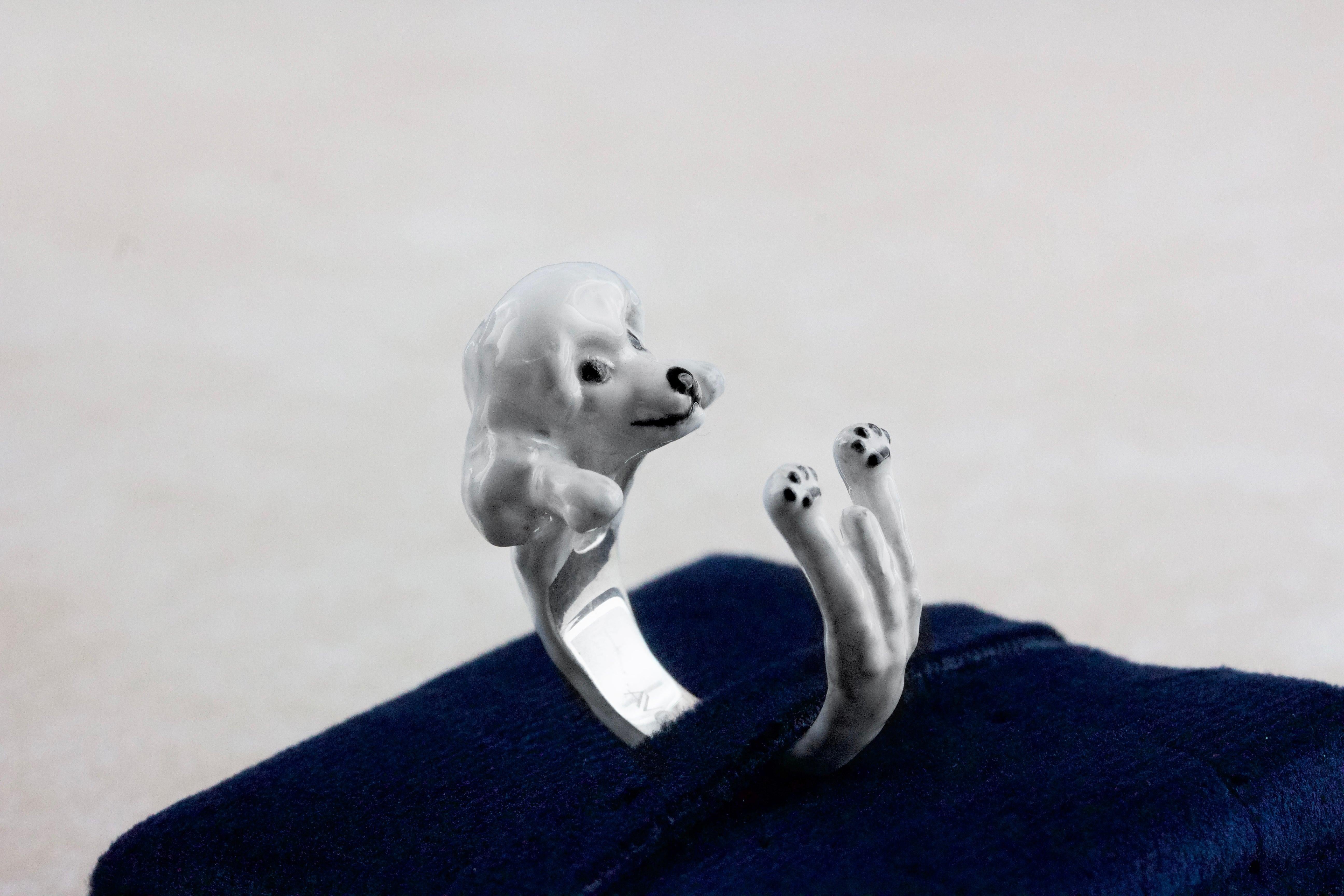 For Sale:  Poodle Dog Sterling Silver 925 White Enamel Customizable Ring 3