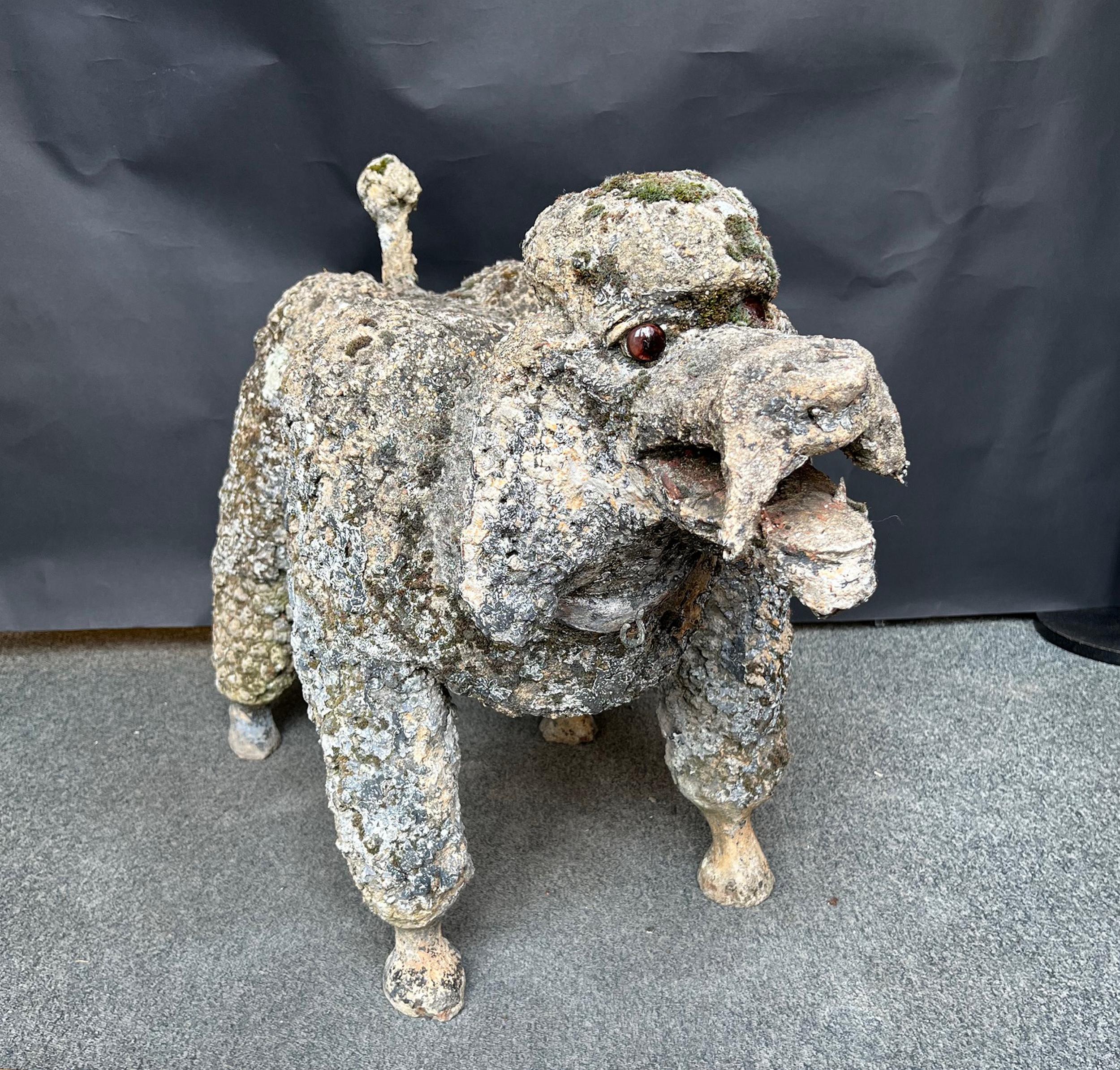 Divertida escultura de jardín de la primera mitad del siglo XX, que representa a un caniche acicalado, hecha de malla metálica y cemento. Ojos de cristal.
Pátina muy fina.
Longitud: 95 cm (37,4 pulgadas)
Profundidad: 40 cm (15,8 pulgadas)
Altura: 63