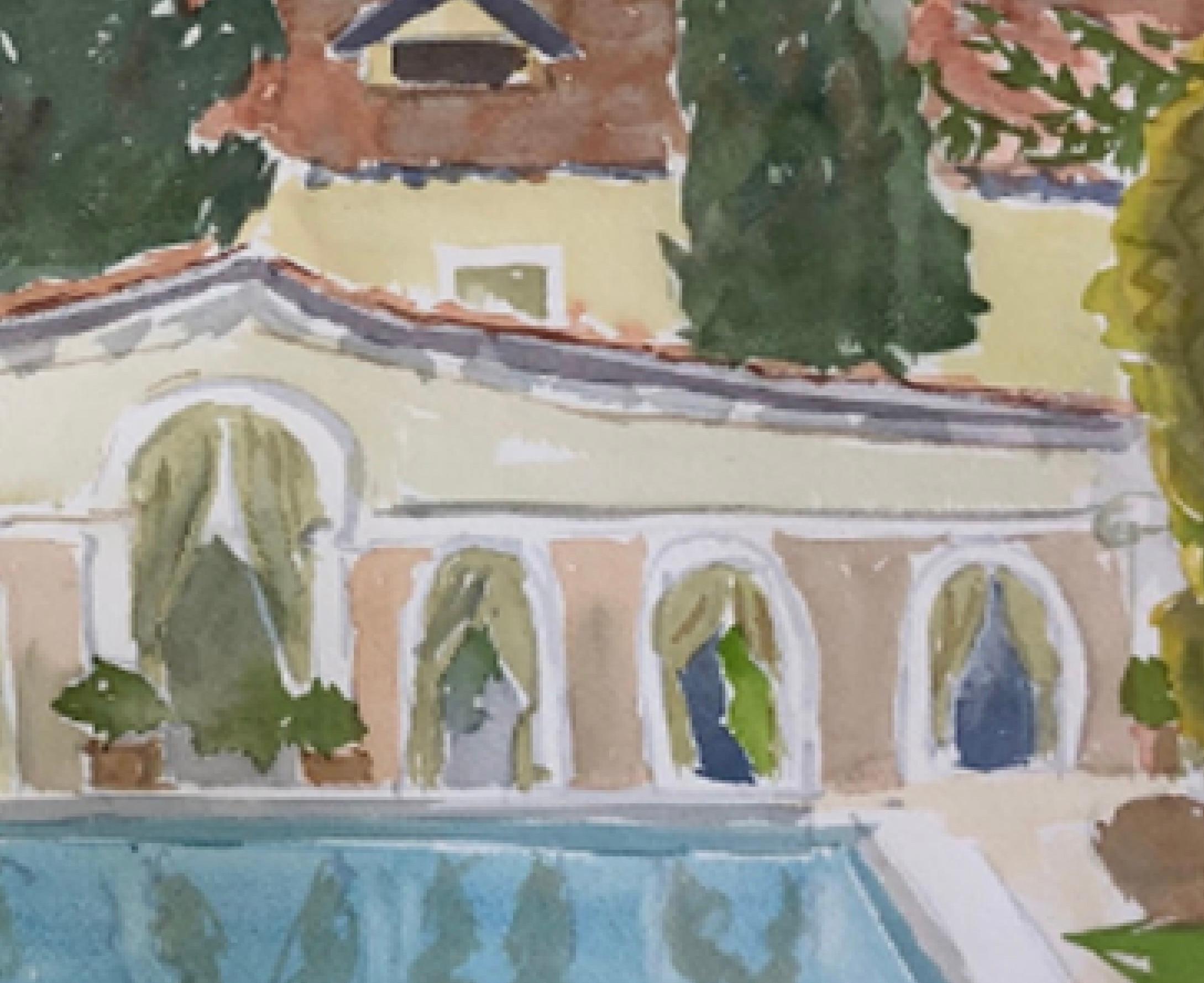 Original watercolor artwork by artist Peggy Kennedy.

From the Artist: “While on a painting trip to Venice, I arranged to paint in several private gardens to show hidden pleasures. Fortuny has a factory and shop with a large garden and swimming pool