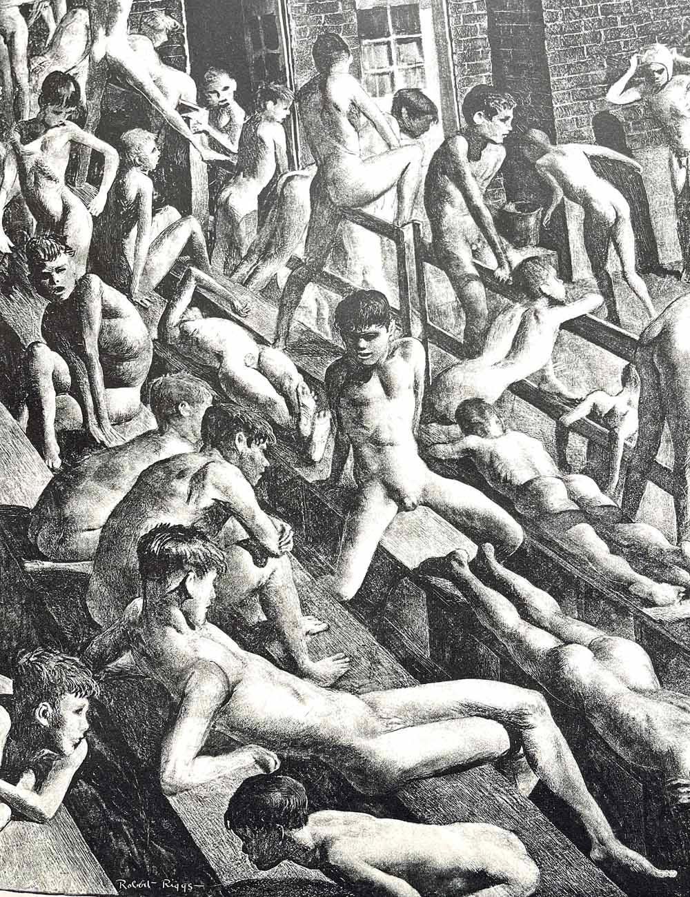 This classic and rare print, made at a time when men and boys were much less self-conscious of their nudity at the bath or the pool, depicts a teeming crowd of male youth in and around a public pool in the historic Germantown neighborhood of
