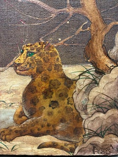Huge Chinoiserie Oil Painting Roaring Tiger & Cub Winter Japanese Chinese Style