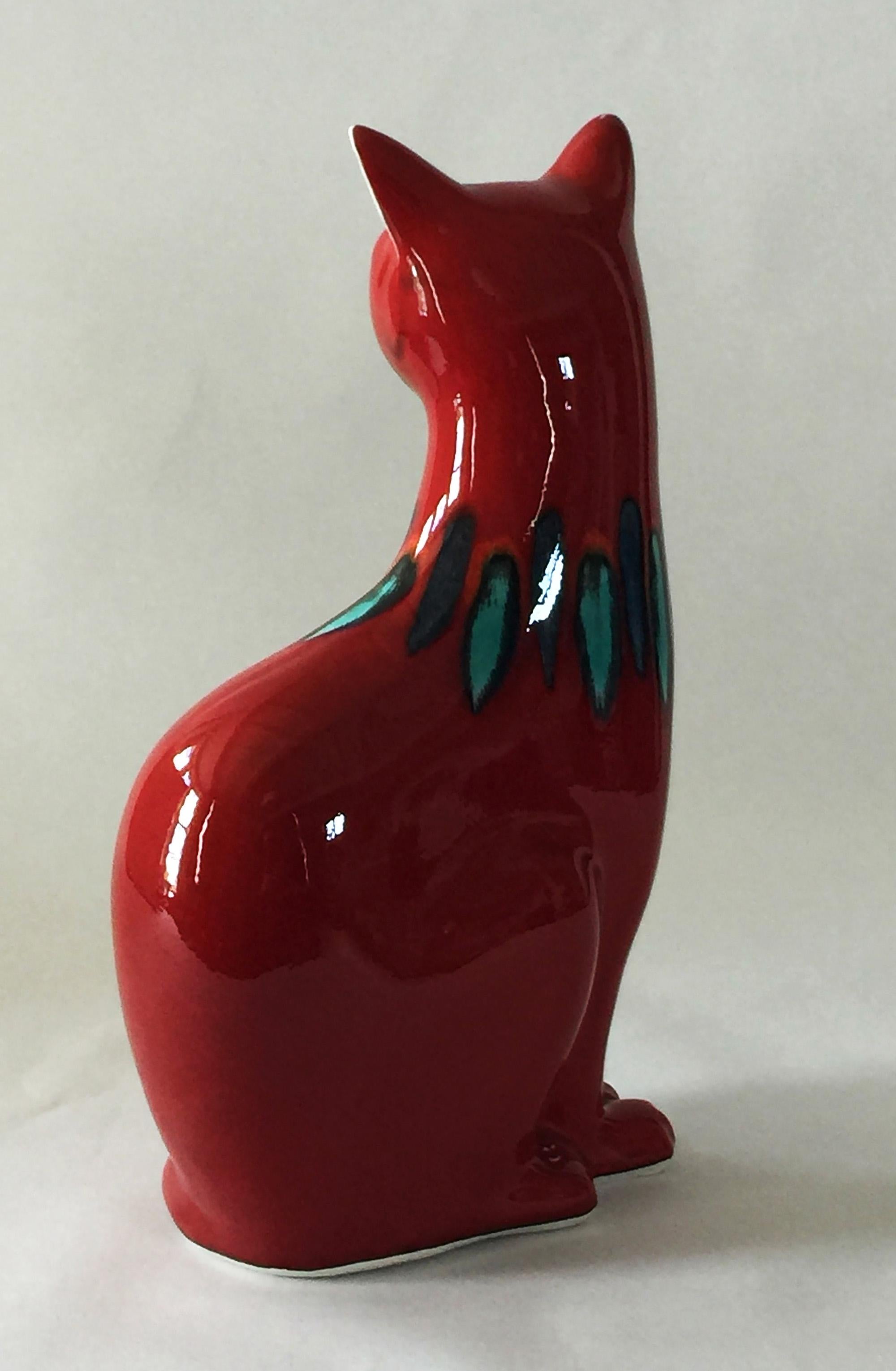 Red Flambé poole pottery delphis cat in perfect condition.