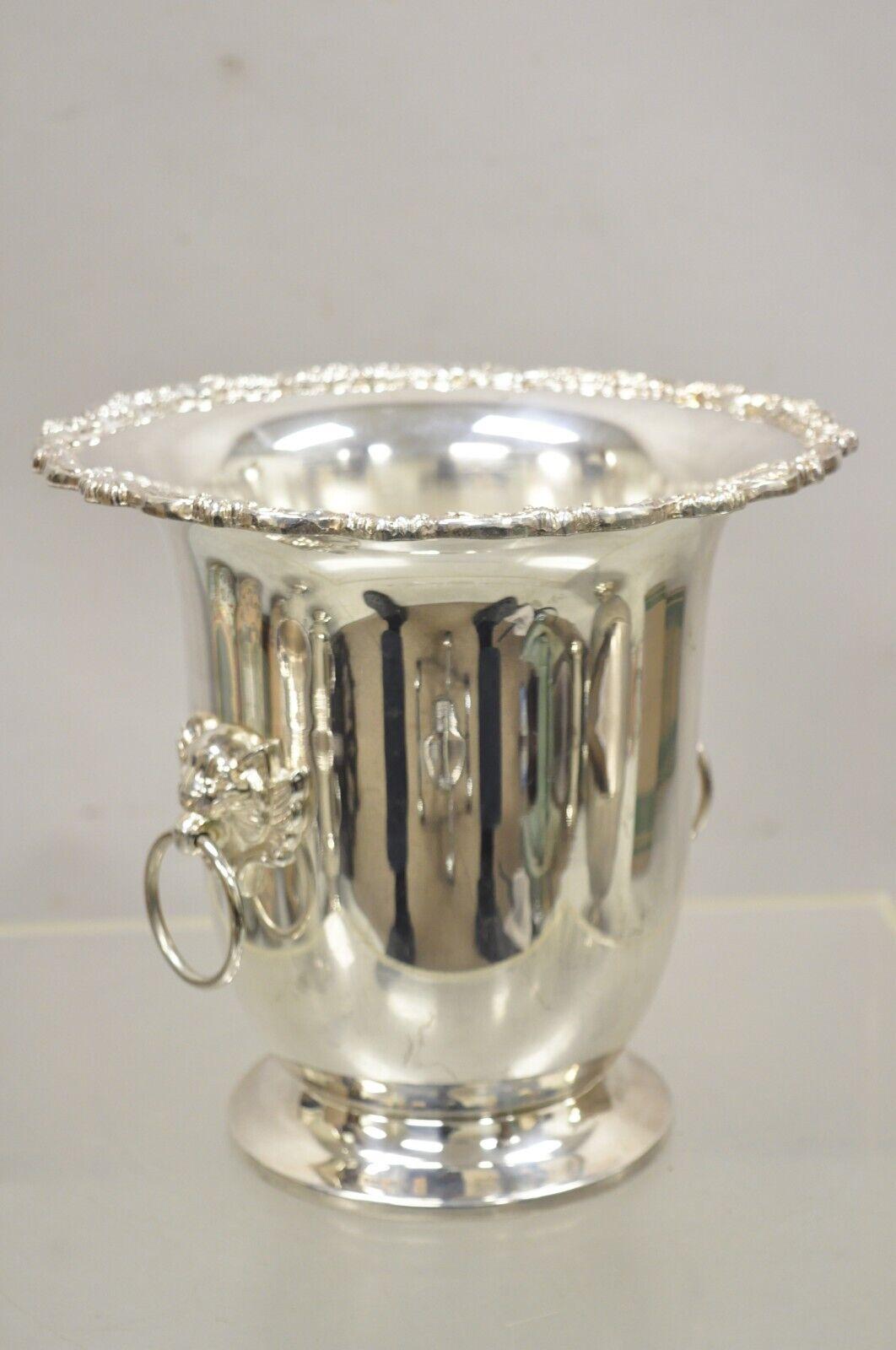 Vintage Newport Gorham silver plated trophy cup champagne chiller wine ice bucket twin lion handles. Item features twin drop ring lion head handles, shapely fluted form, original stamp, quality craftsmanship, great style and form. Circa early to