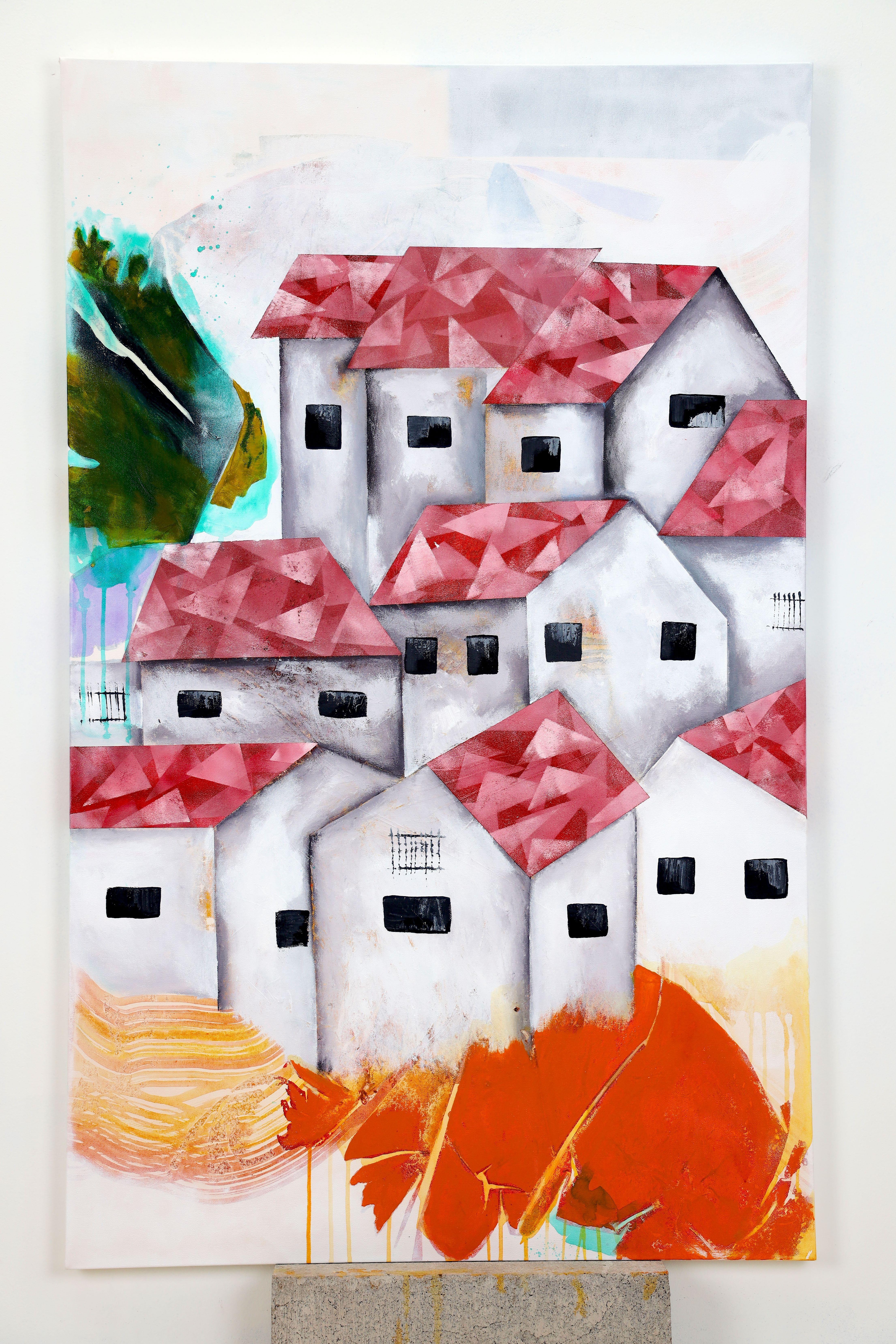 Red Roofs 22, Gemälde, Acryl auf Leinwand (Impressionismus), Painting, von Poonam Choudhary