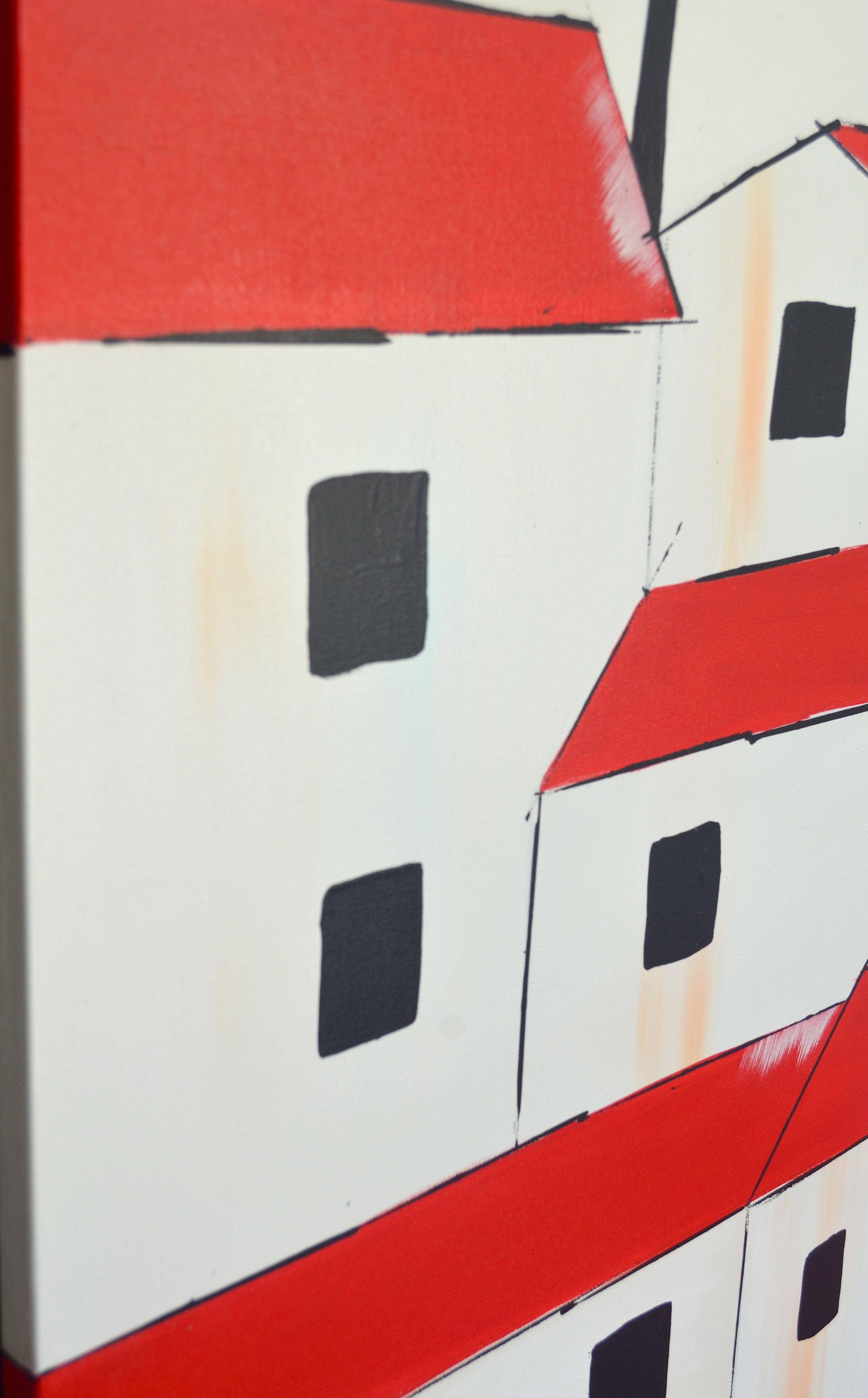 Rote Dachdecken, Gemälde, Acryl auf Leinwand im Angebot 1