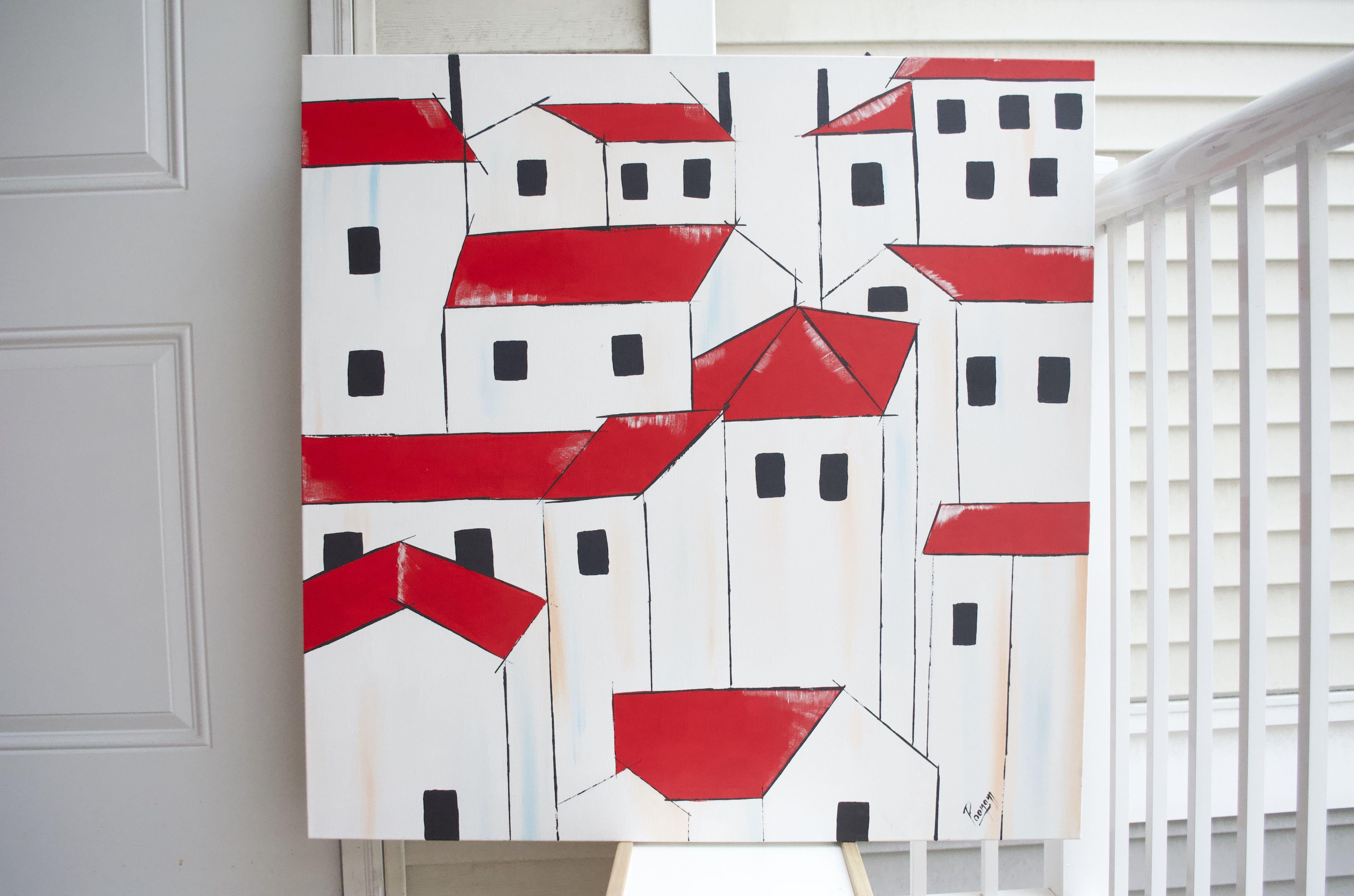 Rote Dachdecken, Gemälde, Acryl auf Leinwand im Angebot 2