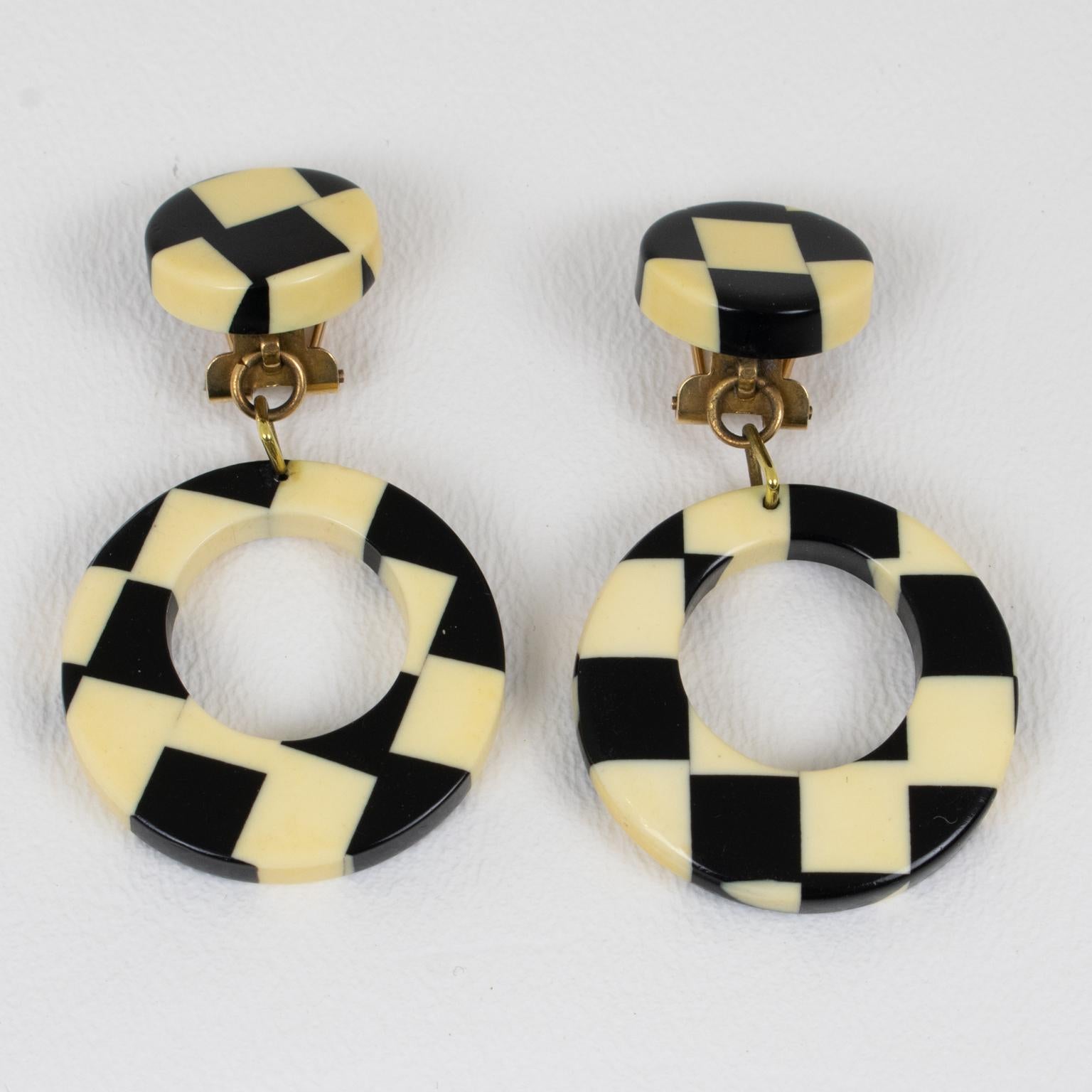 Modernist Pop Art 1960s Dangling Clip Earrings Black and White Checkerboard Galalith For Sale