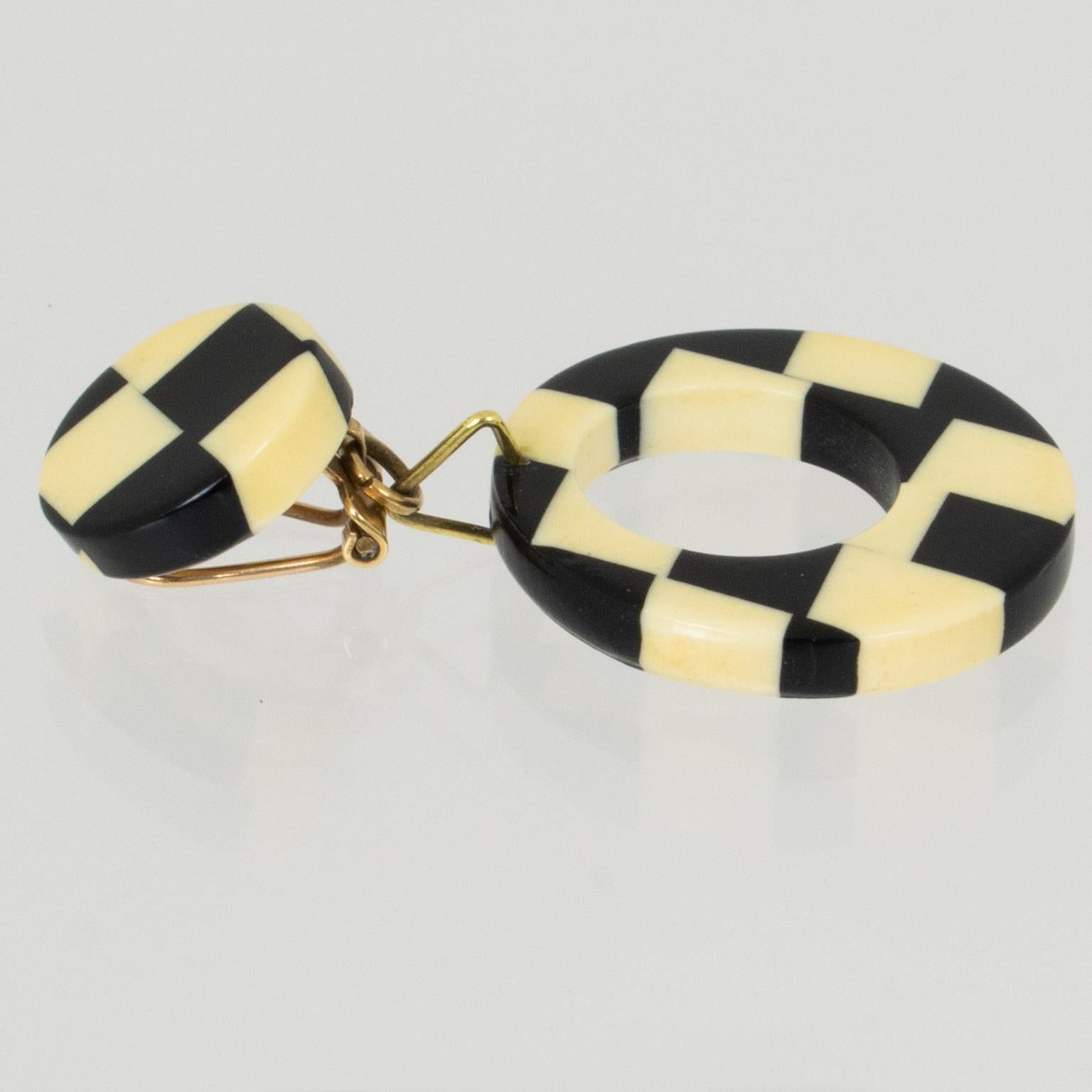 Women's or Men's Pop Art 1960s Dangling Clip Earrings Black and White Checkerboard Galalith For Sale