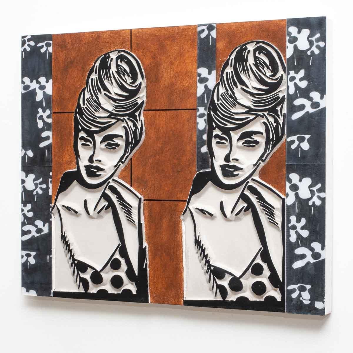 Wall sculpture in relief and mixed media.
Material: concrete, wood, acrylic glass and acrylic paint.
Measurements: 61 x 50 cm.
Limited and signed edition of 6 examples.
Julia, the woman is in partly painted concrete and a relief with a 10 mm
