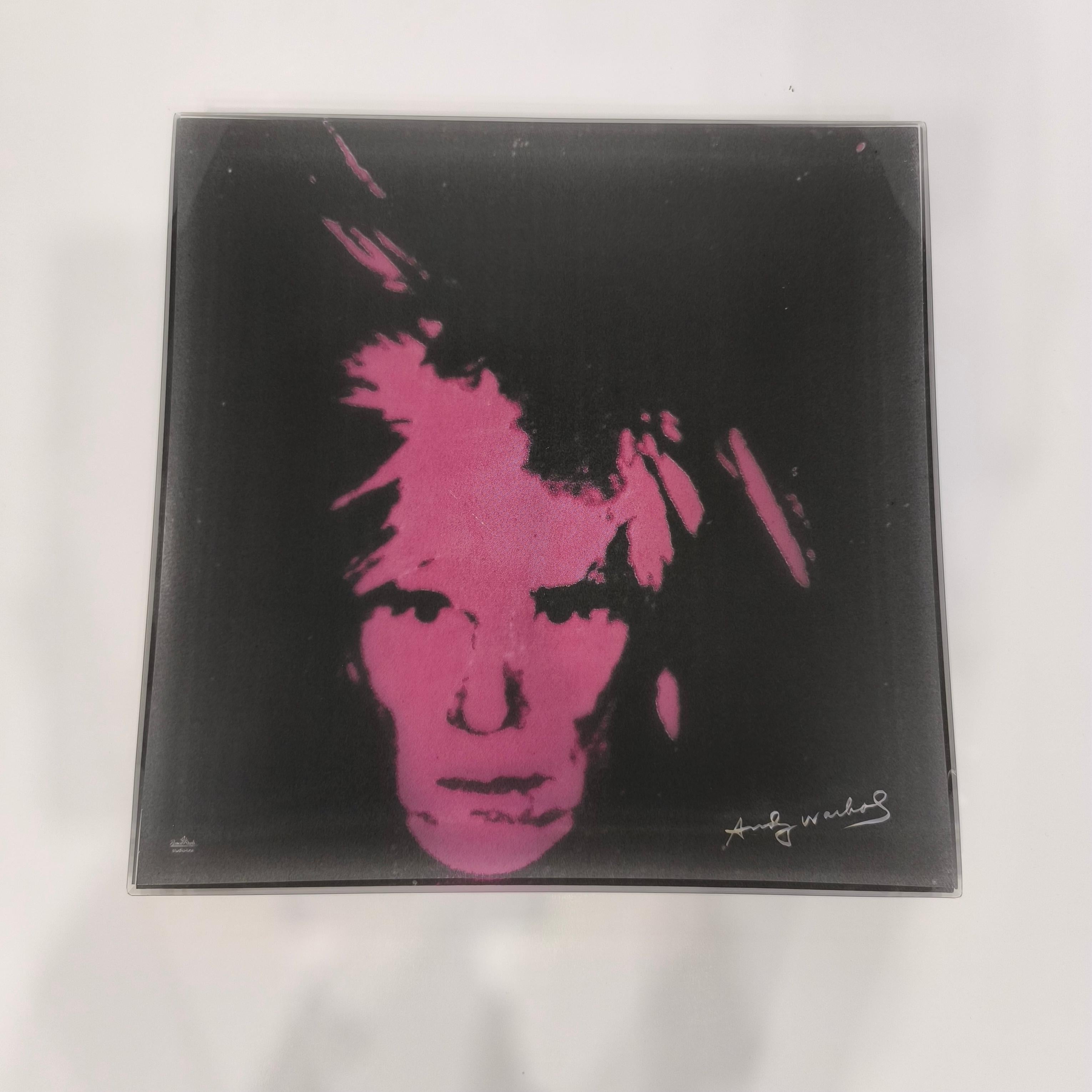 Pop Art Andy Warhol Self Portrait Square Glass Tray, Rosenthal, 1990s For Sale 3