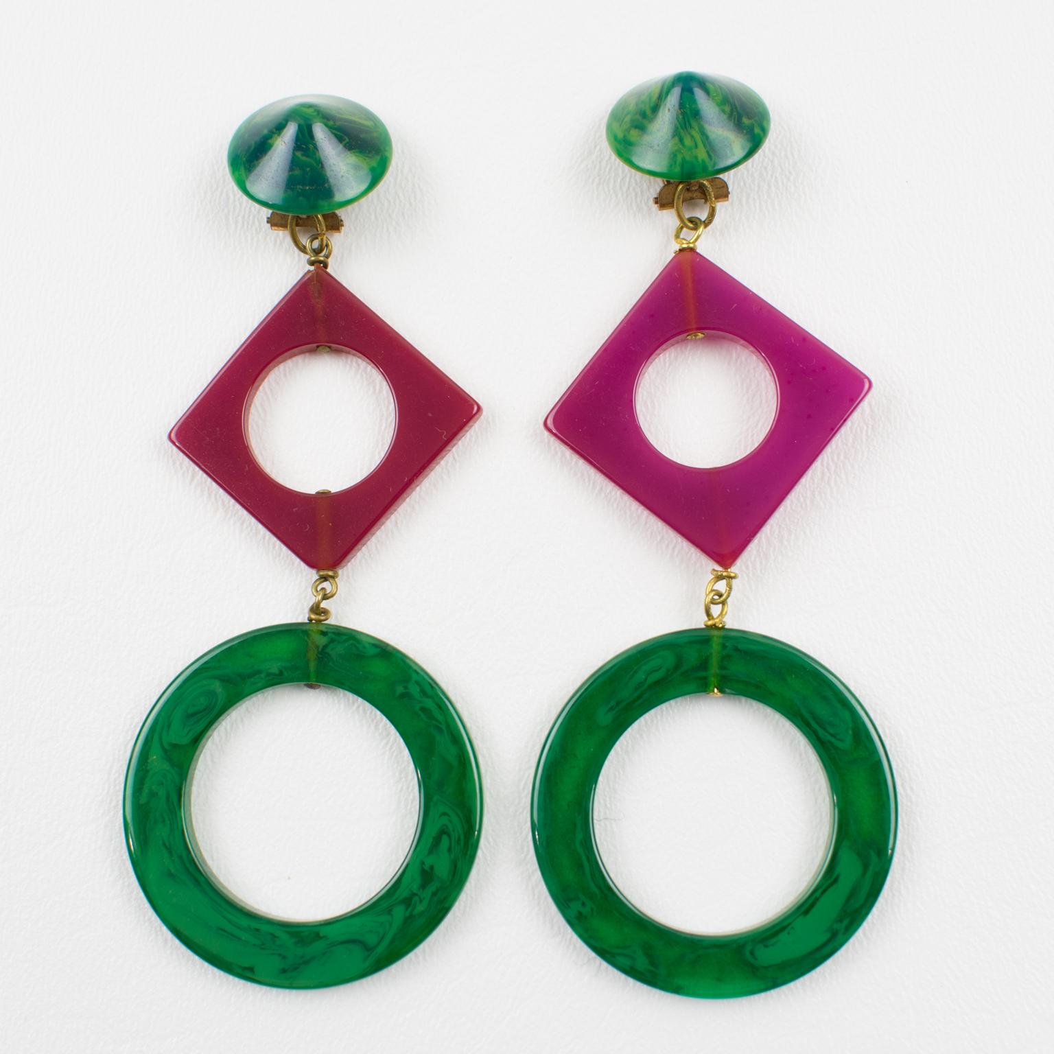 Art Deco Pop Art Bakelite Dangle Clip Earrings Green Bluemoon and Purple Plum For Sale