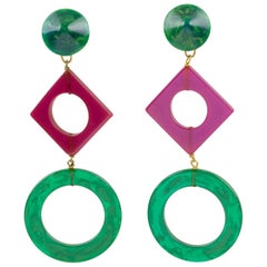 Vintage Pop Art Bakelite Dangle Clip Earrings Green Bluemoon and Purple Plum
