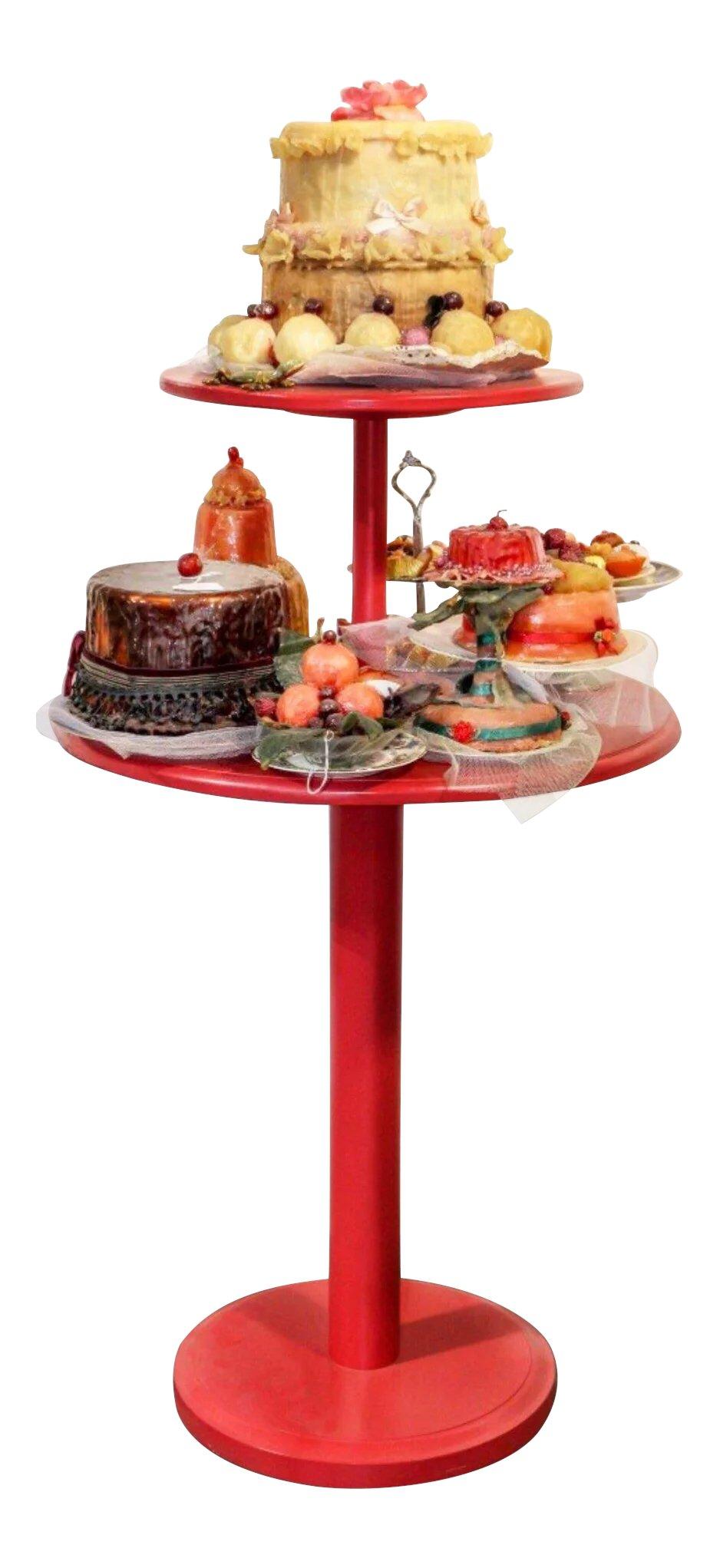British Pop Art Candy & Cake Realist Mixed Media Sculpture, Red wood pedestal

Unbelievably lifelike dessert sculptural grouping a la Wayne Thiebaud.  Substantial hand painted solid wood pedestal features a smorgasbord of earthly delights.  