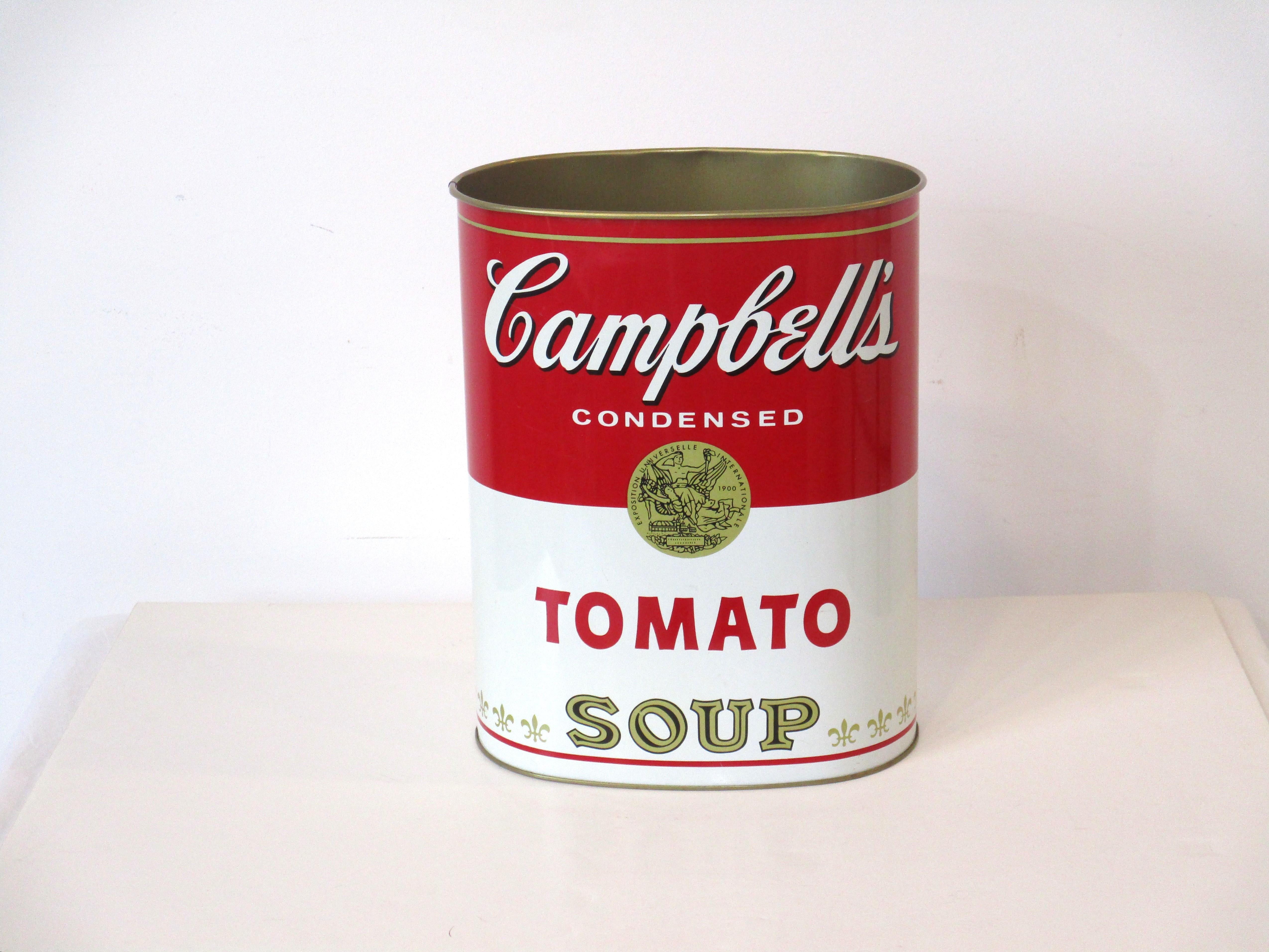 A pop art styled metal trash can in the form of the iconic Campbell's tomato soup can, after Andy Warhol's take on the look a number of items started to be produced. Manufactured by the Cheinco metal company.