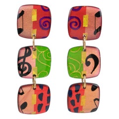 Pop Art Dangle Lucite Clip Earrings Harlequin Pattern