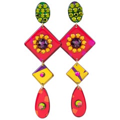 Pop Art Extra-long Shoulder Duster Multicolor Lucite Dangle Clip Earrings