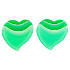 Pop Art Green Shaded Lucite Clip Earrings Carved Heart