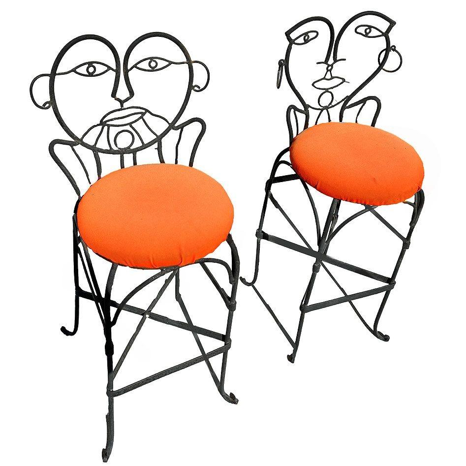 American Pop Art John Risley Style Wrought Iron Barstool Pair