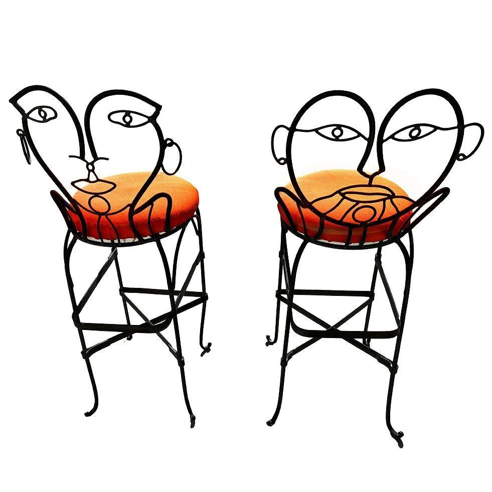 Pop Art John Risley Style Wrought Iron Barstool Pair In Excellent Condition In Van Nuys, CA