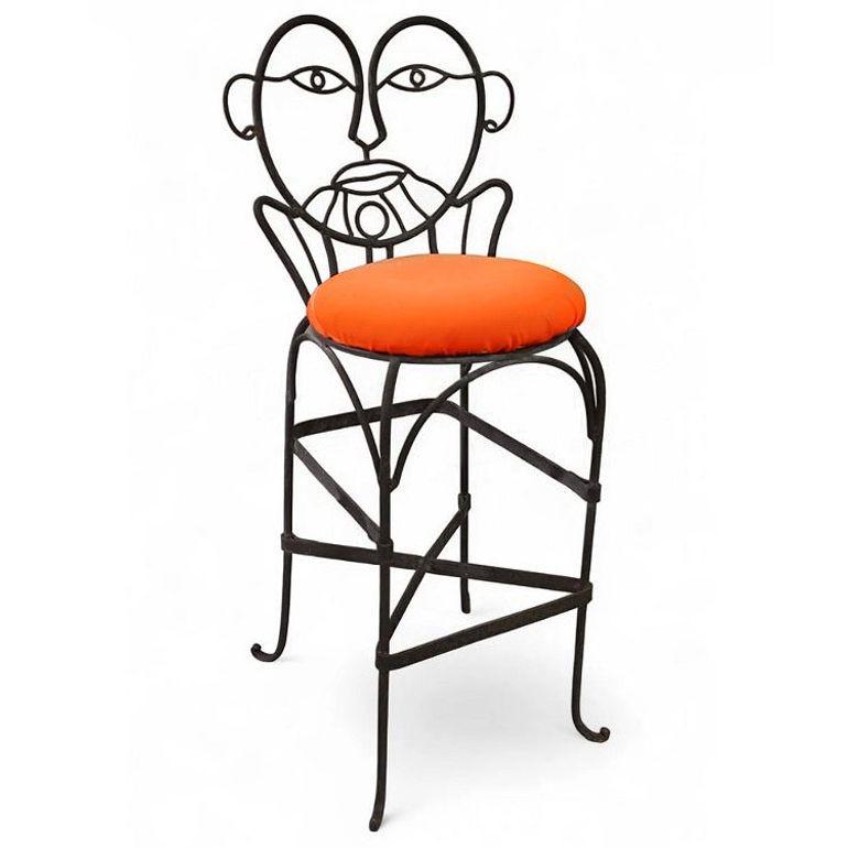 Fabric Pop Art John Risley Style Wrought Iron Barstool Pair