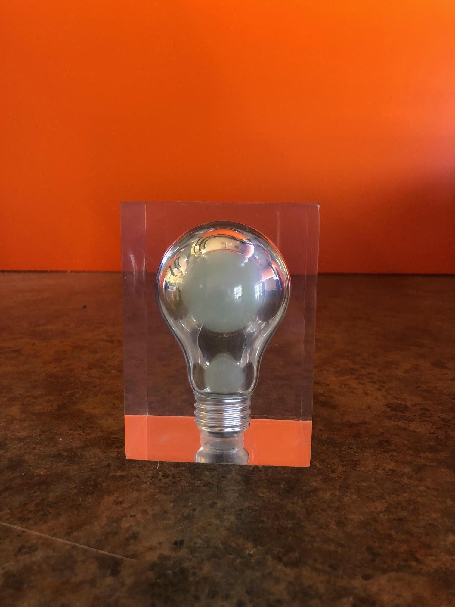 Mid-Century Modern Pop Art Light Bulb Sculpture / Paperweight in Lucite by Pierre Giraudon