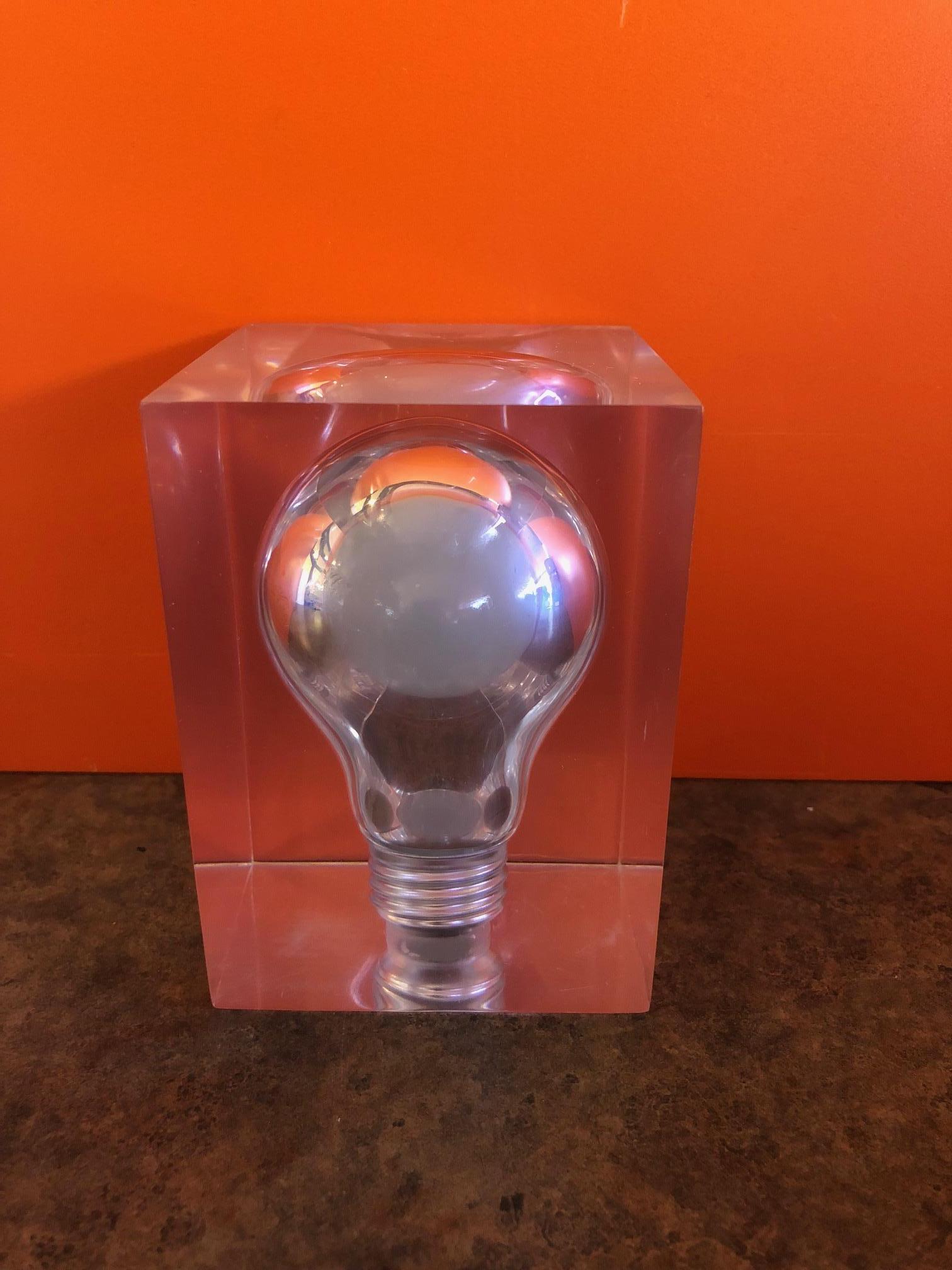 French Pop Art Light Bulb Sculpture / Paperweight in Lucite by Pierre Giraudon
