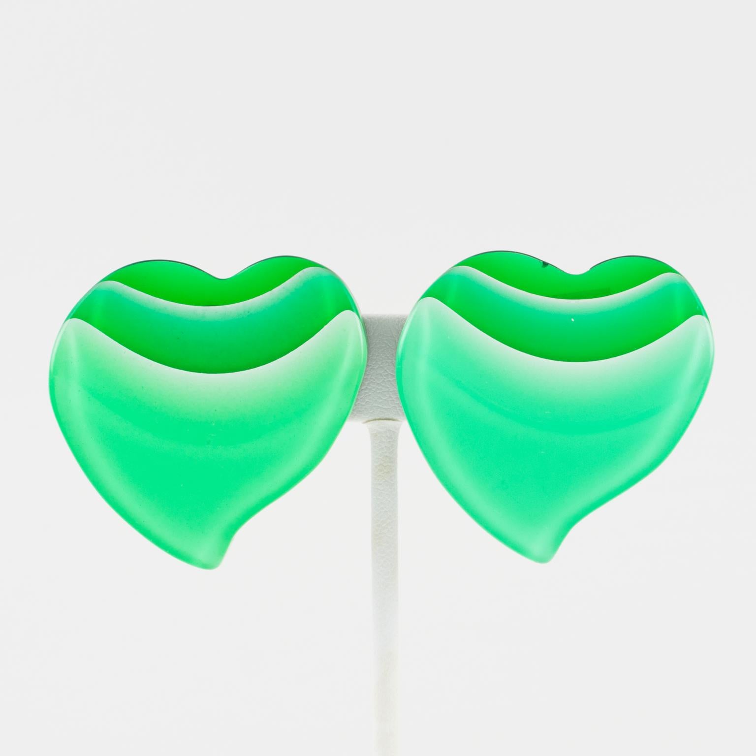 Pop Art Lucite Clip Earrings Carved Heart For Sale 1