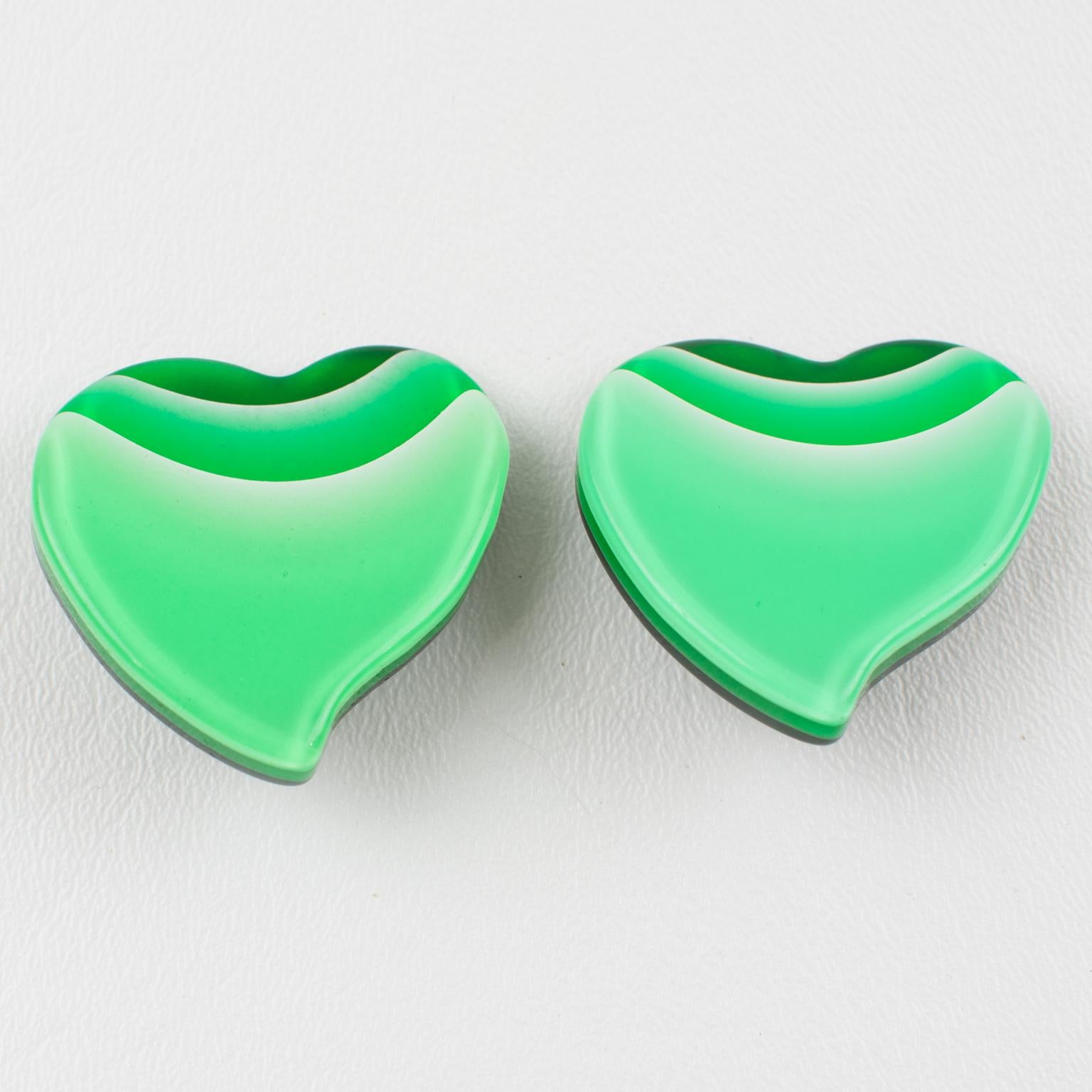 Modernist Pop Art Lucite Heart Clip Earrings in Green Shade For Sale
