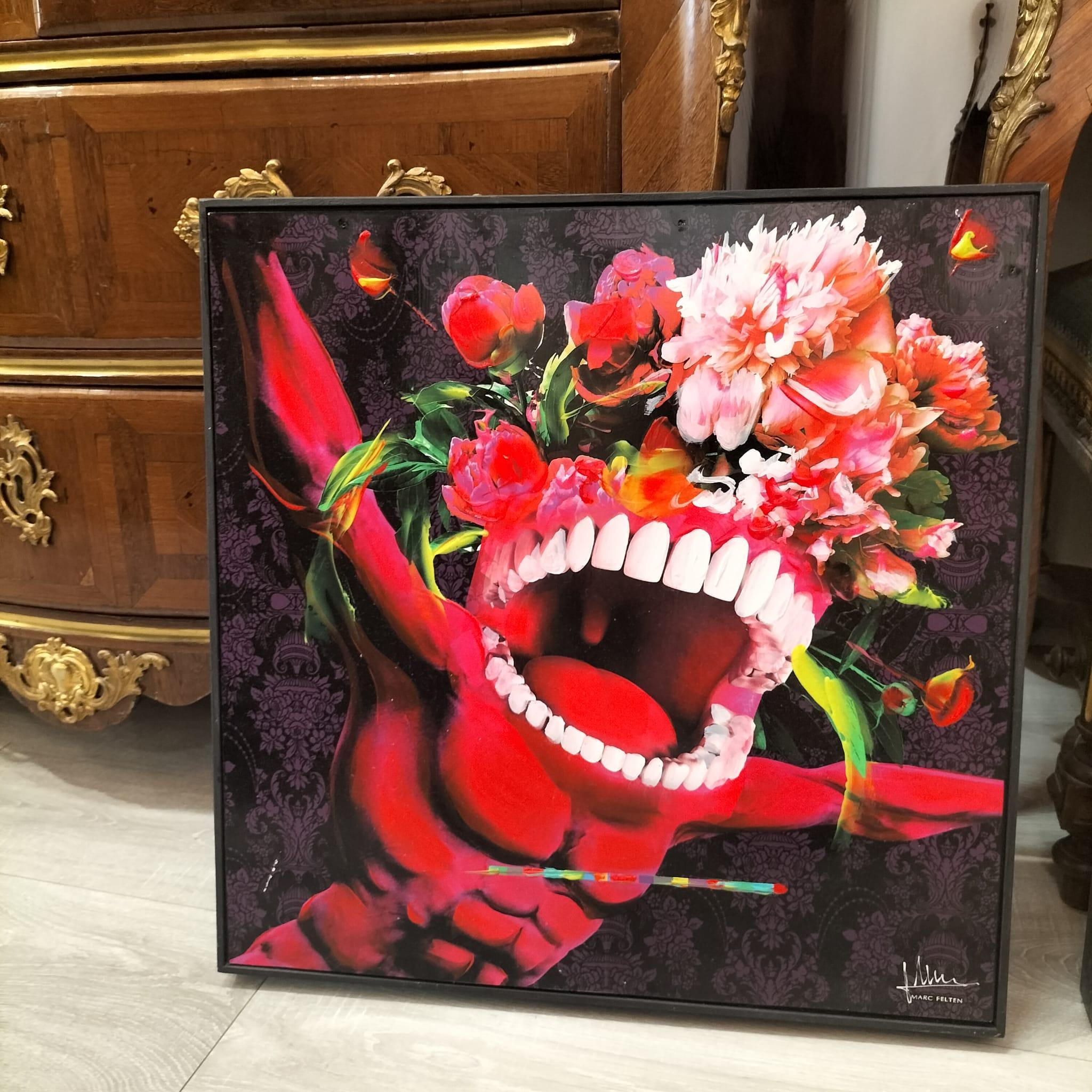 Veneer Pop Art Oiled Painitng by Marc Felten (1954-) titled 'Drole de Fleur' For Sale