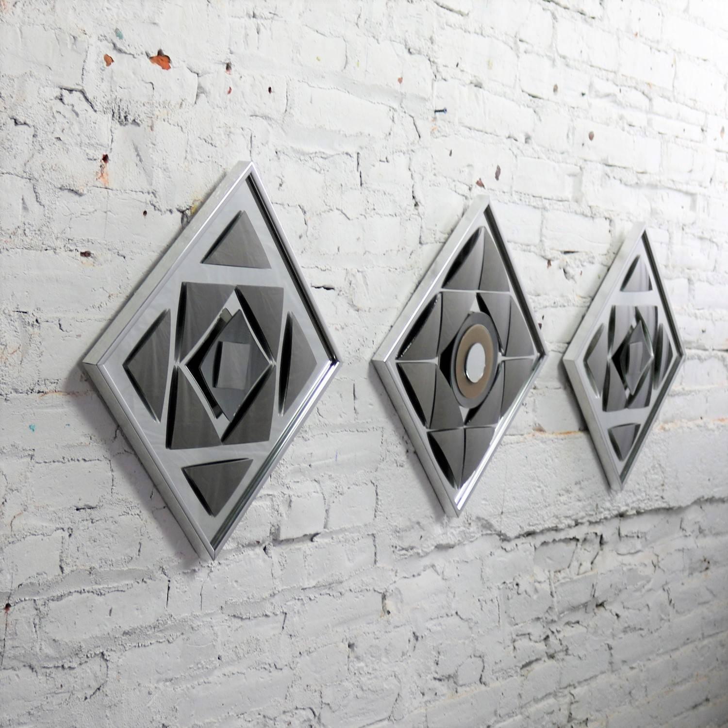 Late 20th Century Pop Art Op Art Geometric Trio of Framed Mirror Wall Sculptures by Hal Bienenfeld