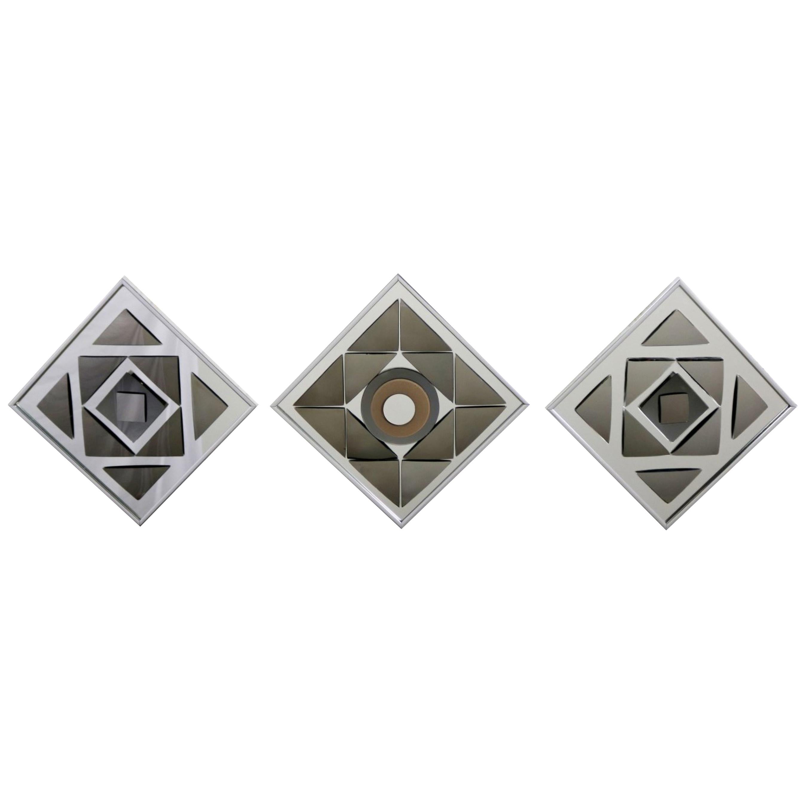 Pop Art Op Art Geometric Trio of Framed Mirror Wall Sculptures by Hal Bienenfeld