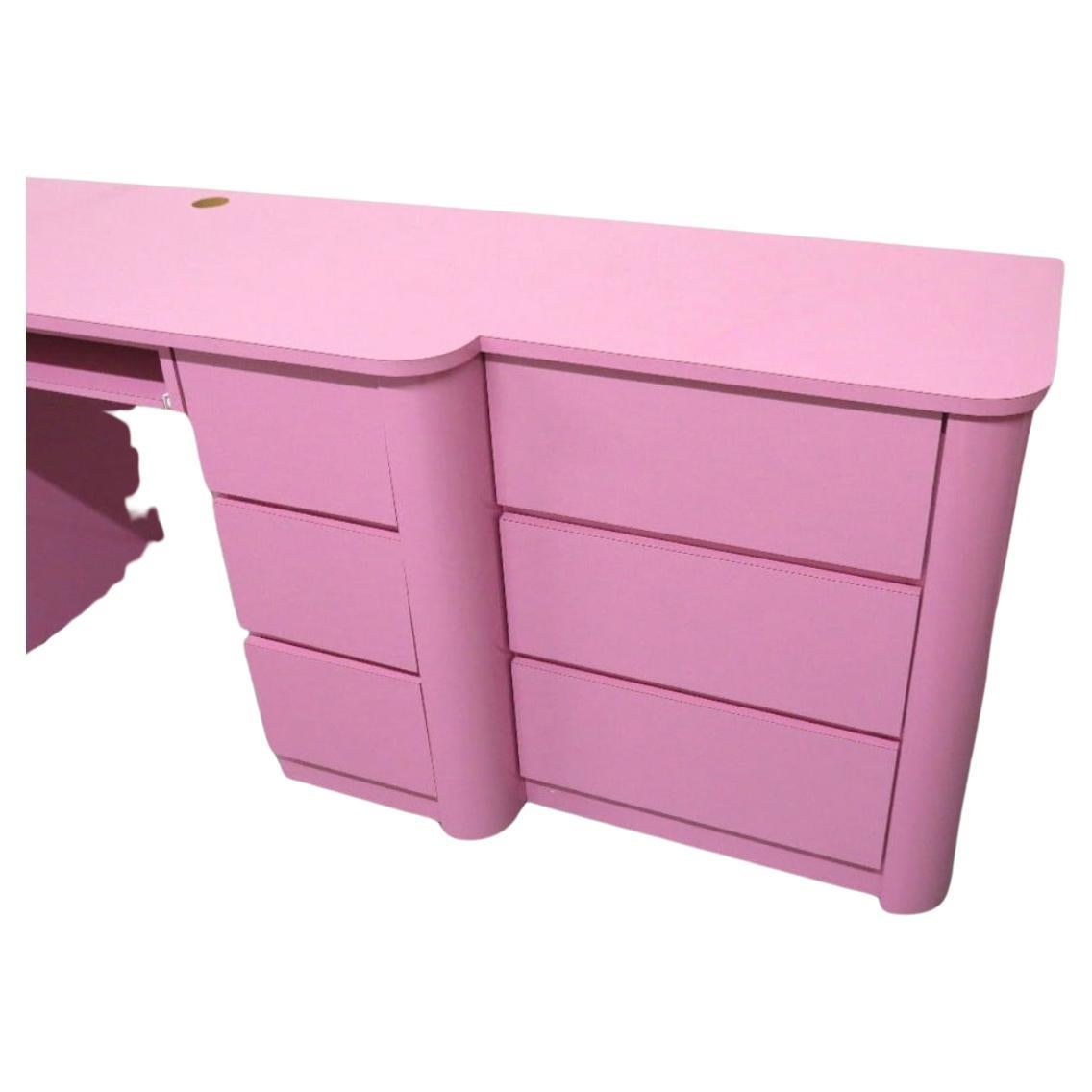 Beautiful post modern custom made bubblegum pink gloss laminate 9 drawer kneehole Desk dresser or credenza circa 1980. Very clean inside and out almost like new. Look at photos. There is (3) drawers on the left and (6) drawers on the right with a