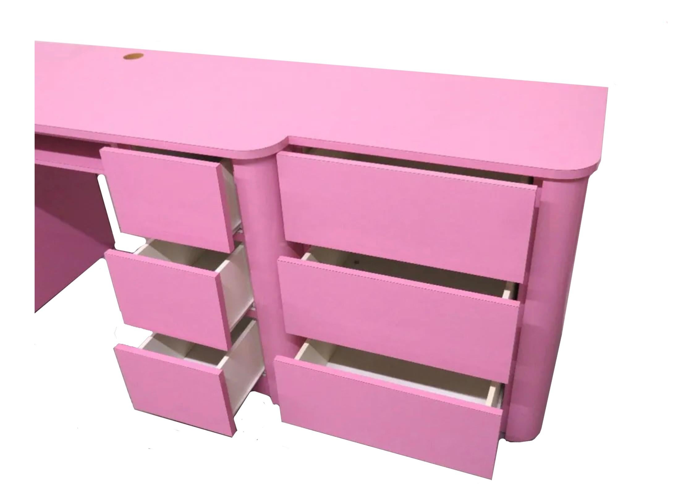 Post-Modern Pop art Post modern Pink Gloss Laminate custom 9 drawer desk dresser credenza  For Sale