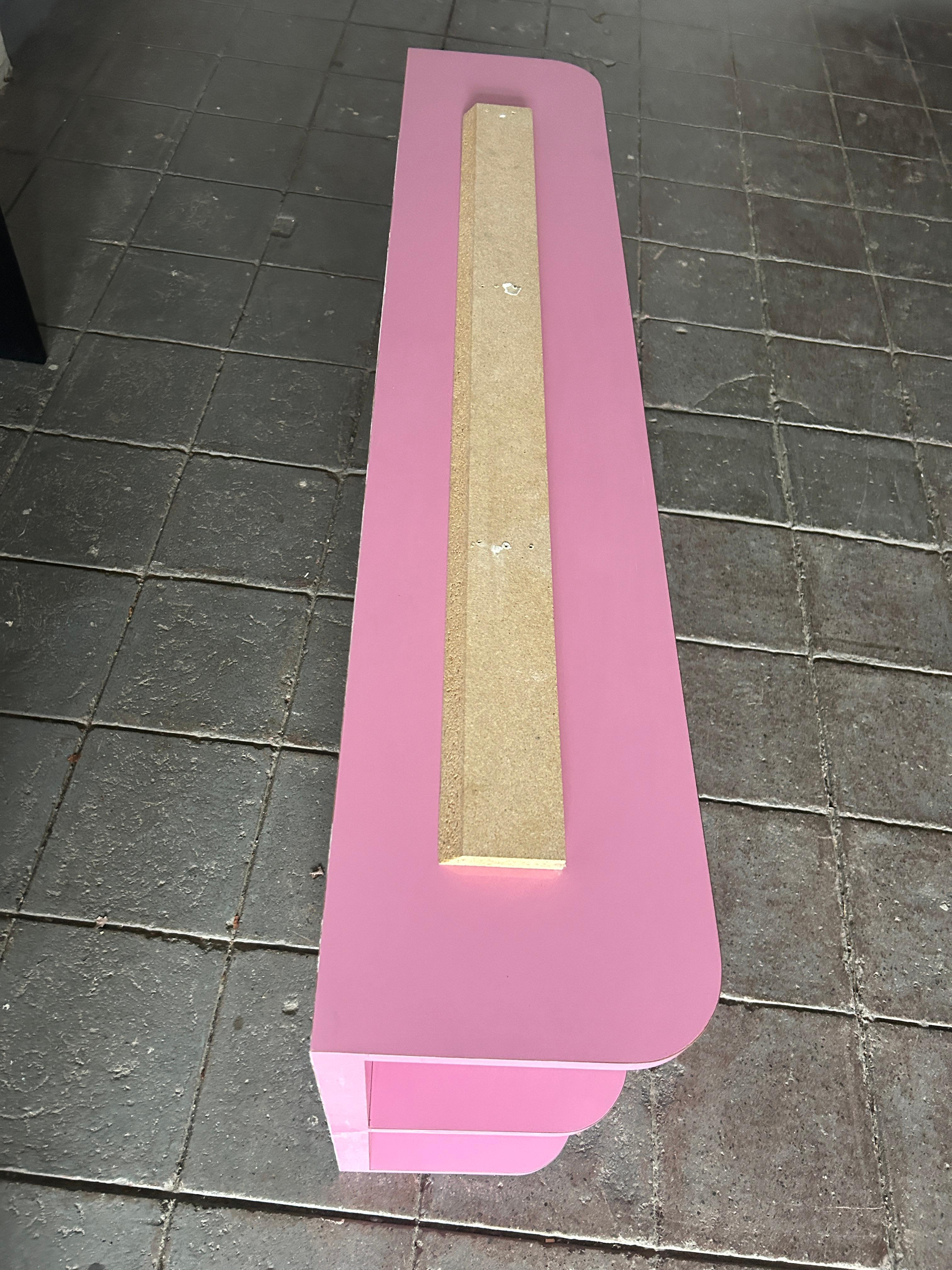 Woodwork Pop art Post modern Pink Gloss Laminate floating wall mounted shelf unit For Sale