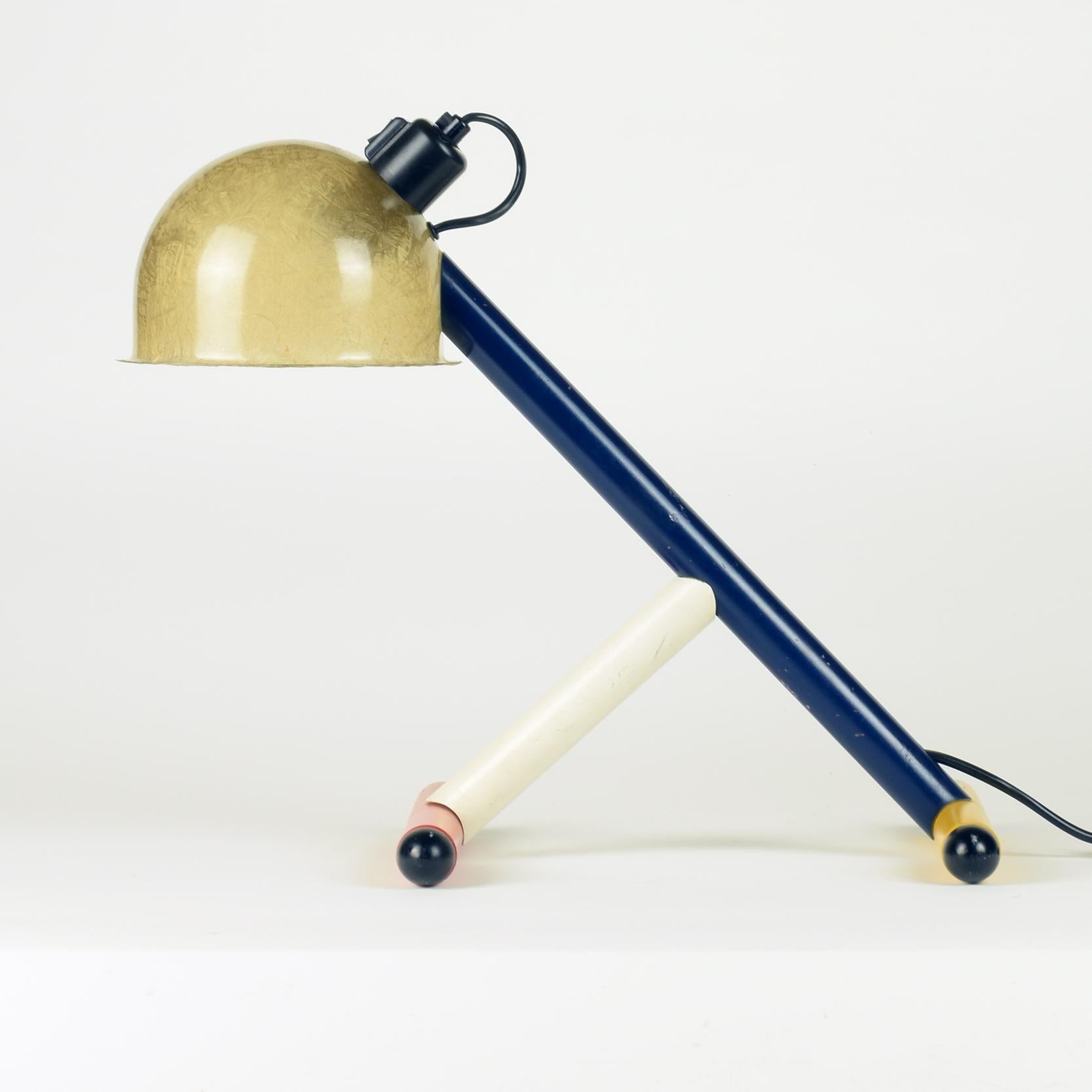 Pop Art table lamp, circa 1970

Wood, lacquered in red, yellow, white and blue. Fiberglass shade with black switchable fitting.
Standard Edison screw-type bulb.

Although un-attributed, we consider this to be an extraordinarily elegant, simple