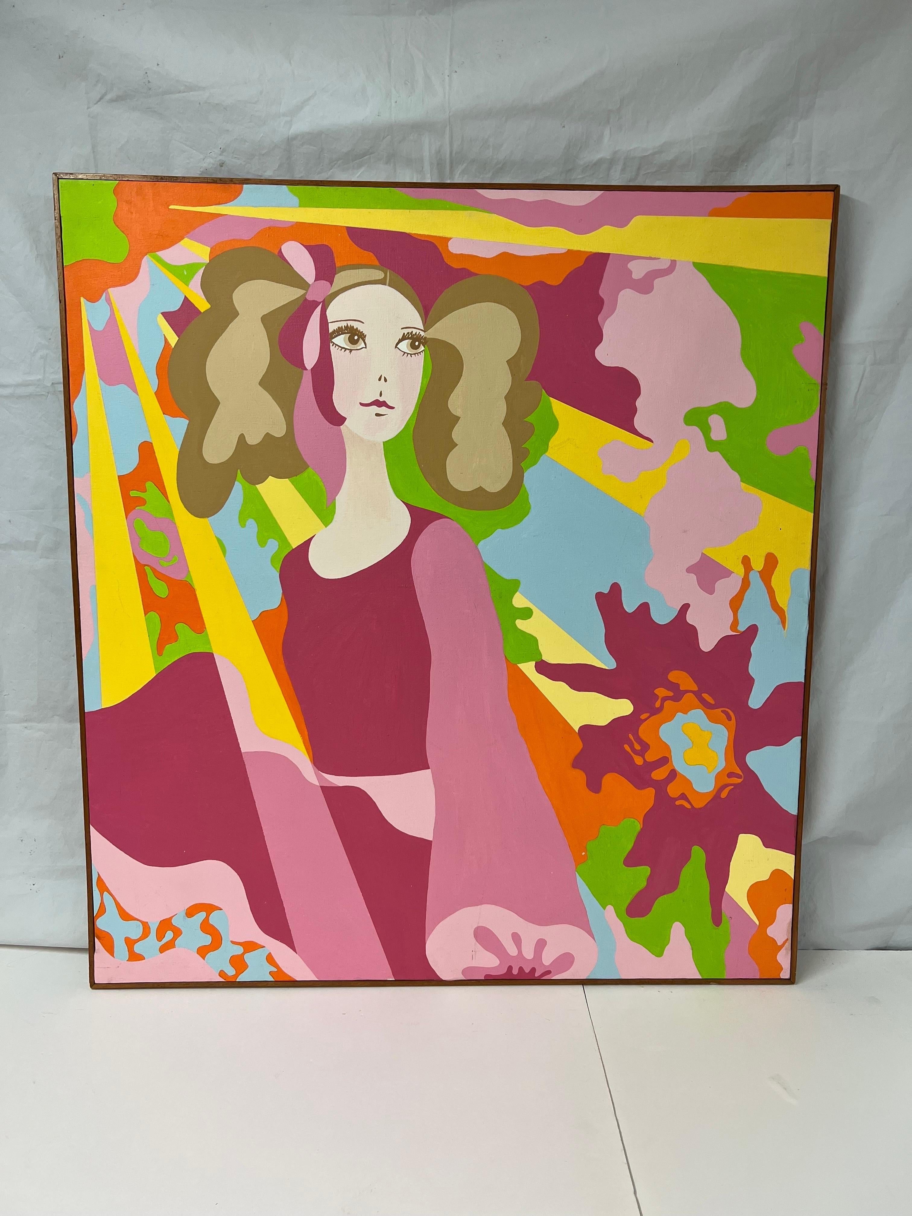 Pop Art Psychedelic Painting by Lara Cleven. Amazing compostion with Emilio Pucci vibes and colors . The female has a very similar looks to the top model Ziggy of the 1960's. This is the perfect centerpiece for that Mid Century Modern home in Palm