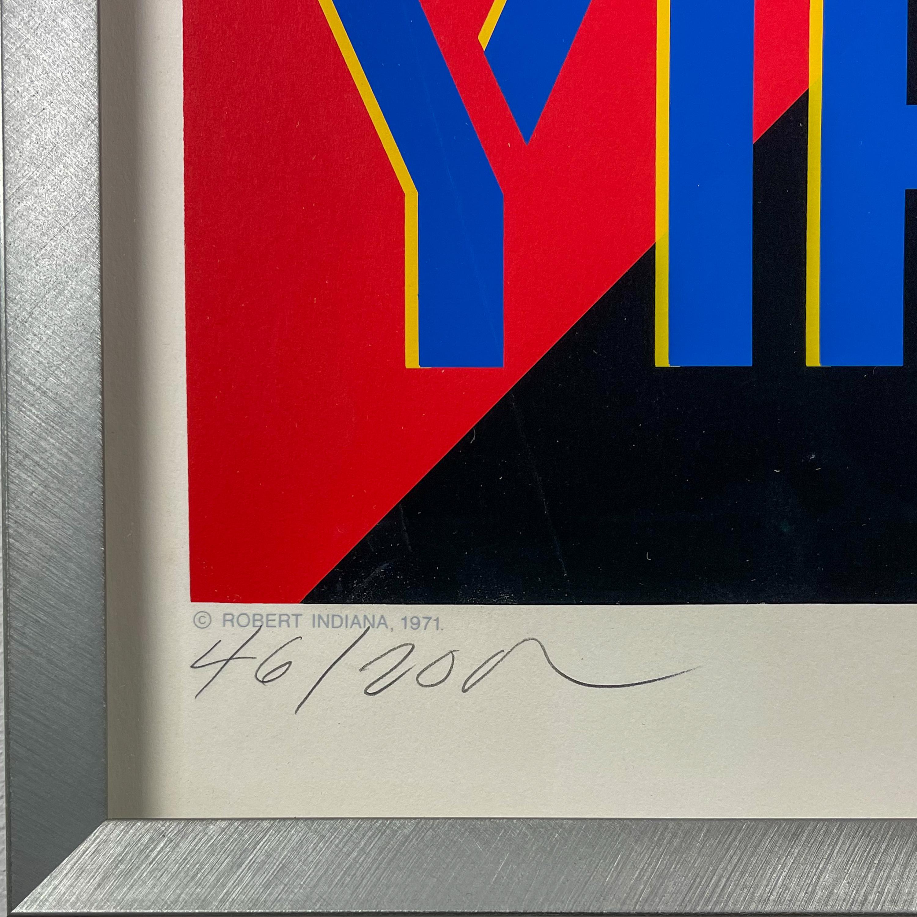 Pop Art Robert Indiana Yield Brother 1971 Screenprint Edition 230 Red Blue

“Yield Brother”, from the “Decade” suite. Screenprint on heavy wove-paper, 1971. An impactful work where Indiana made use of military signage, stenciled letters and a