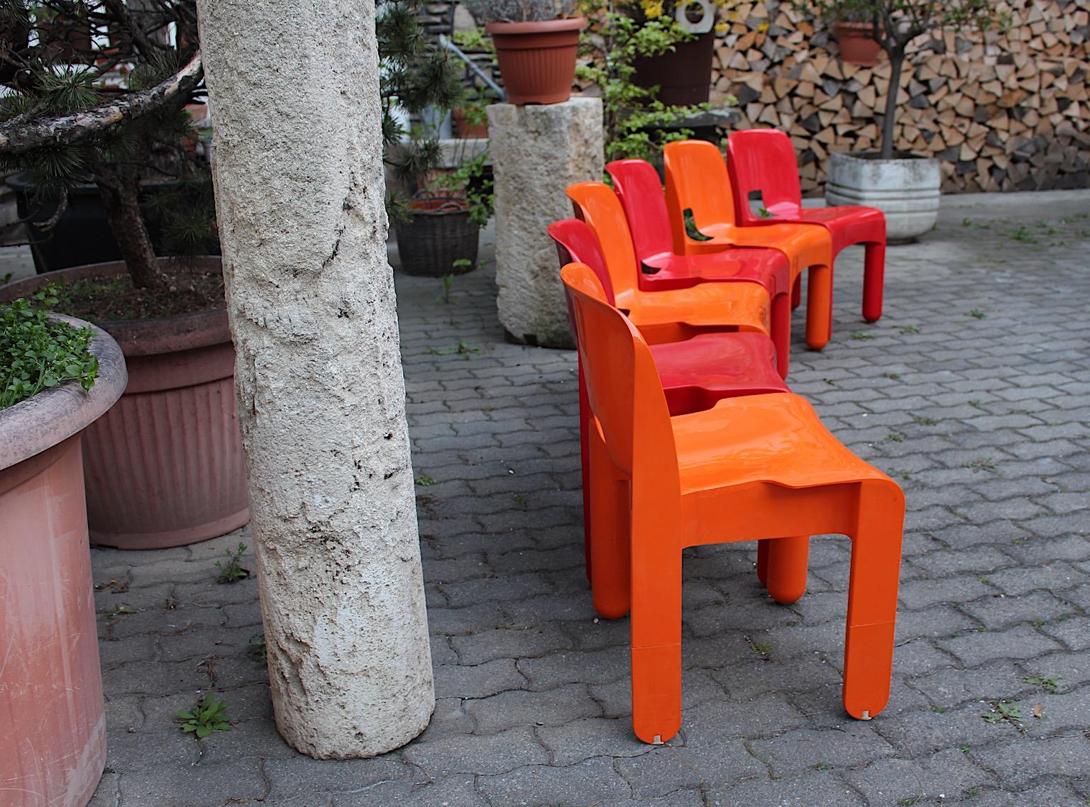 Space Age Pop Art Vintage Red Orange Plastic Dining Chairs Joe Colombo Italy Six For Sale 6
