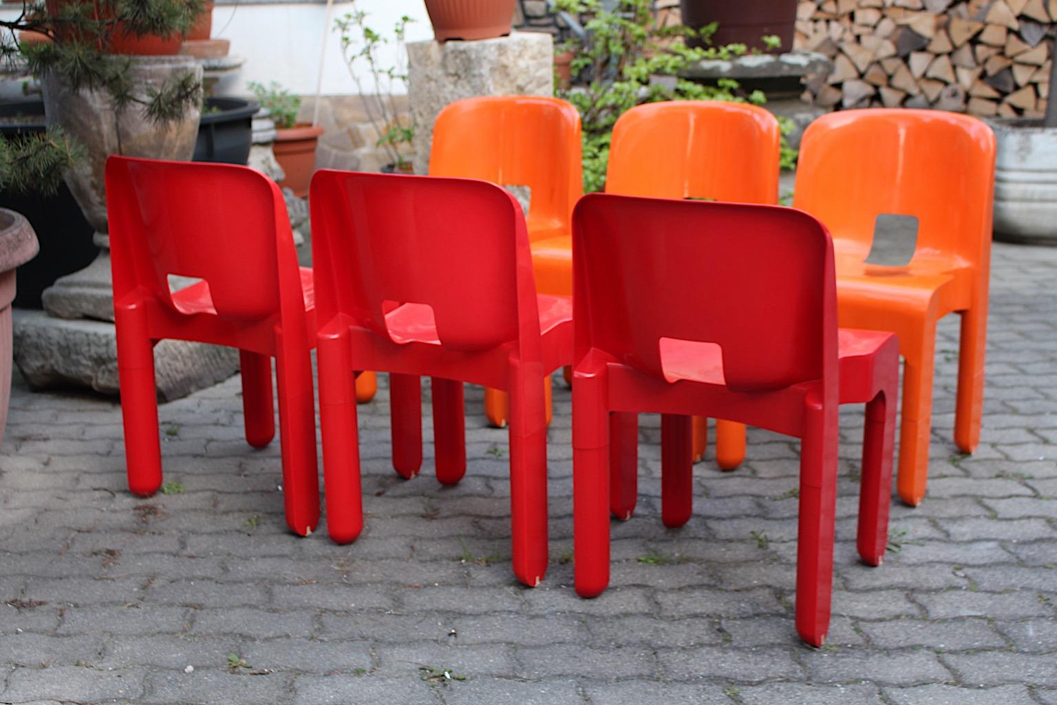 Space Age Pop Art Vintage Red Orange Plastic Dining Chairs Joe Colombo Italy Six For Sale 10