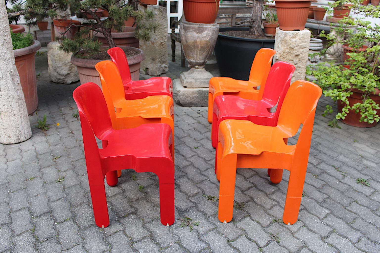 Space Age Pop Art Vintage Red Orange Plastic Dining Chairs Joe Colombo Italy Six For Sale 11