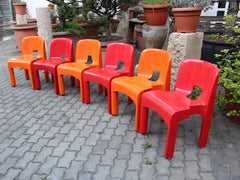 Space Age Pop Art Vintage Red Orange Plastic Dining Chairs Joe Colombo Italy Six