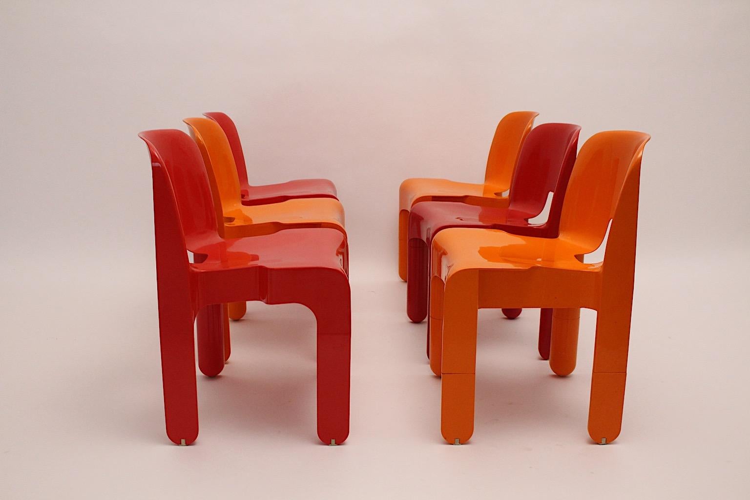 Mid-20th Century Space Age Pop Art Vintage Red Orange Plastic Dining Chairs Joe Colombo Italy Six For Sale